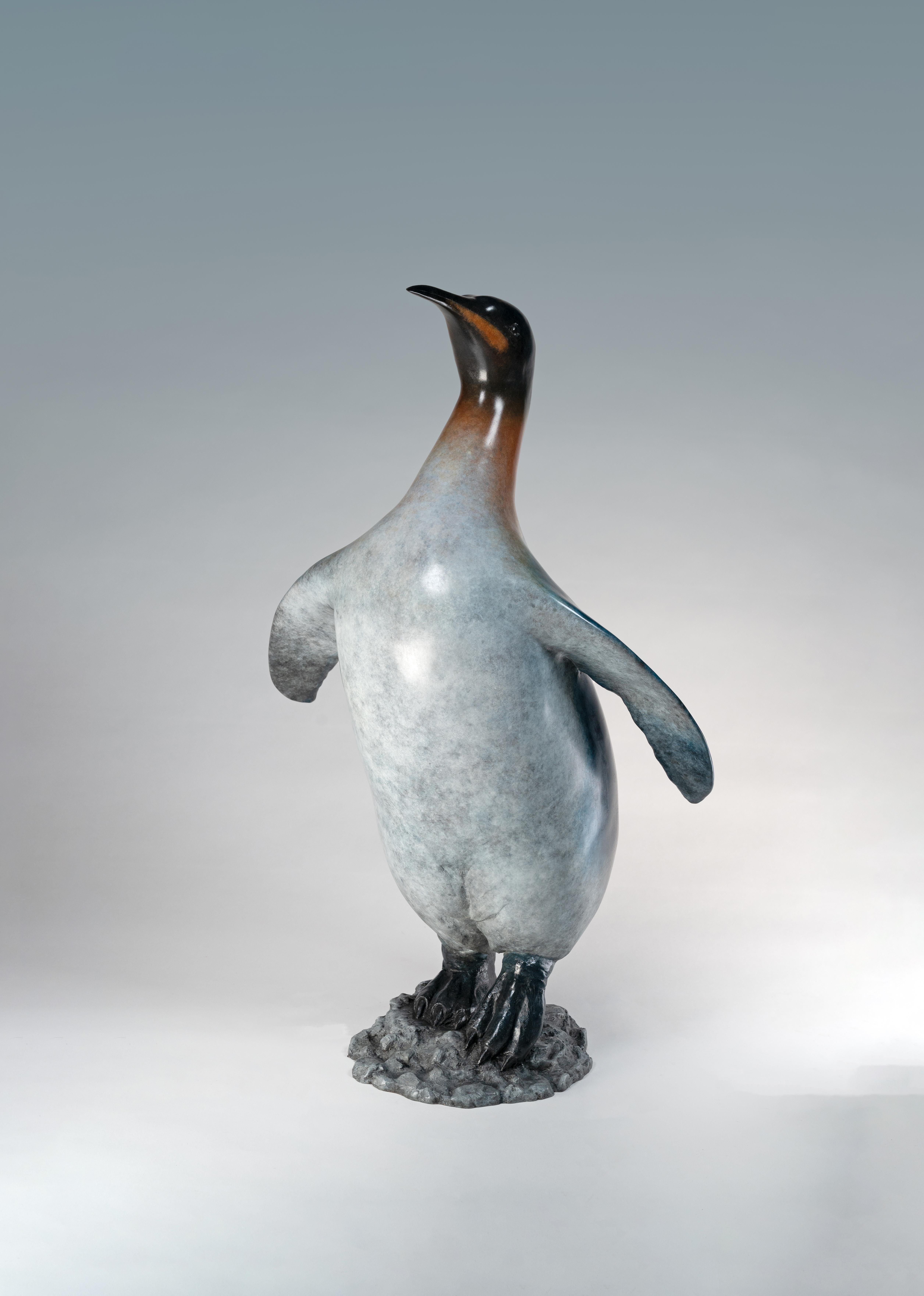 'King Penguin' Bronze Sculpture of a penguin on rocks, blue, orange & white For Sale 1