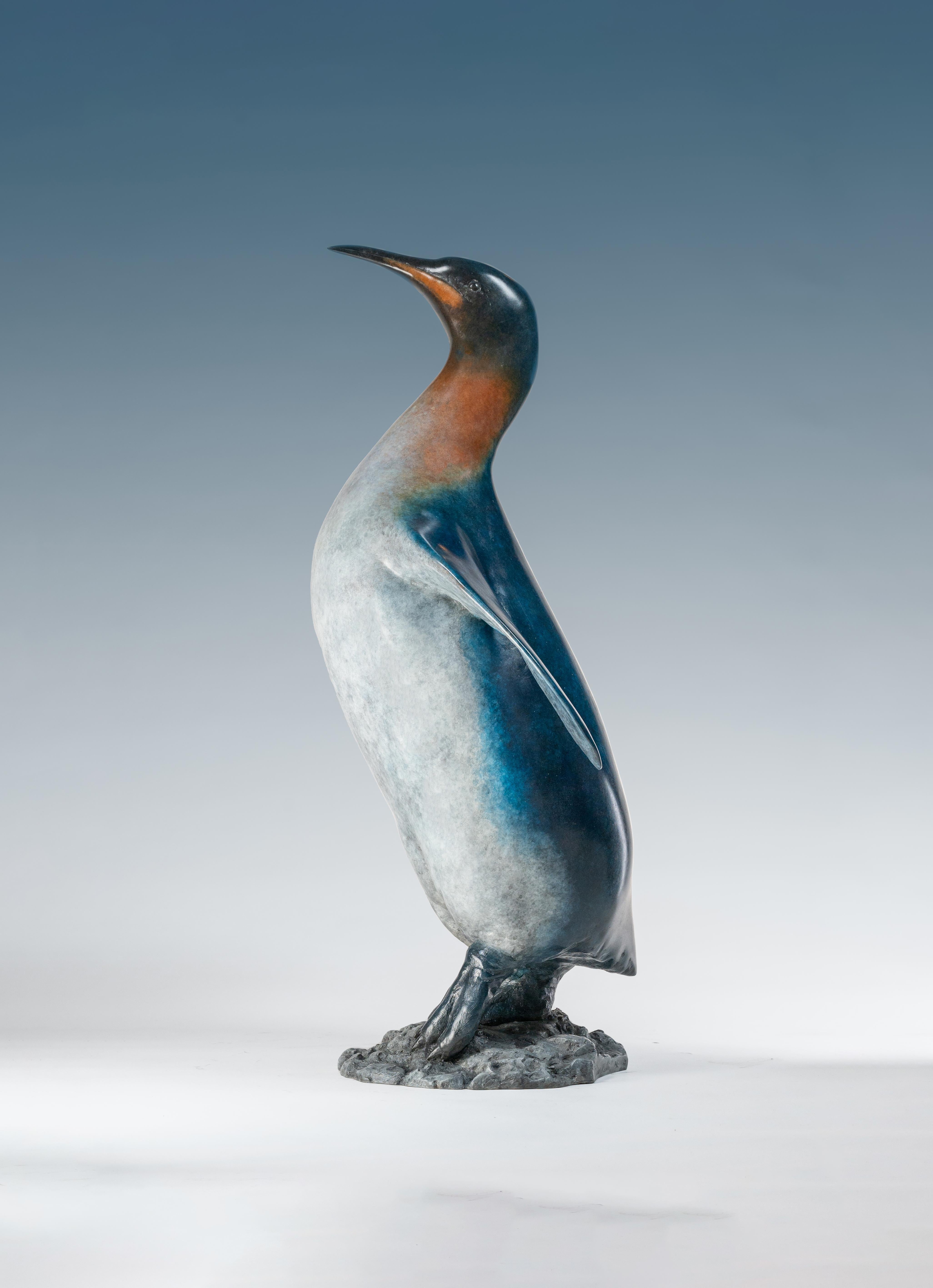 'King Penguin' Bronze Sculpture of a penguin on rocks, blue, orange & white For Sale 2