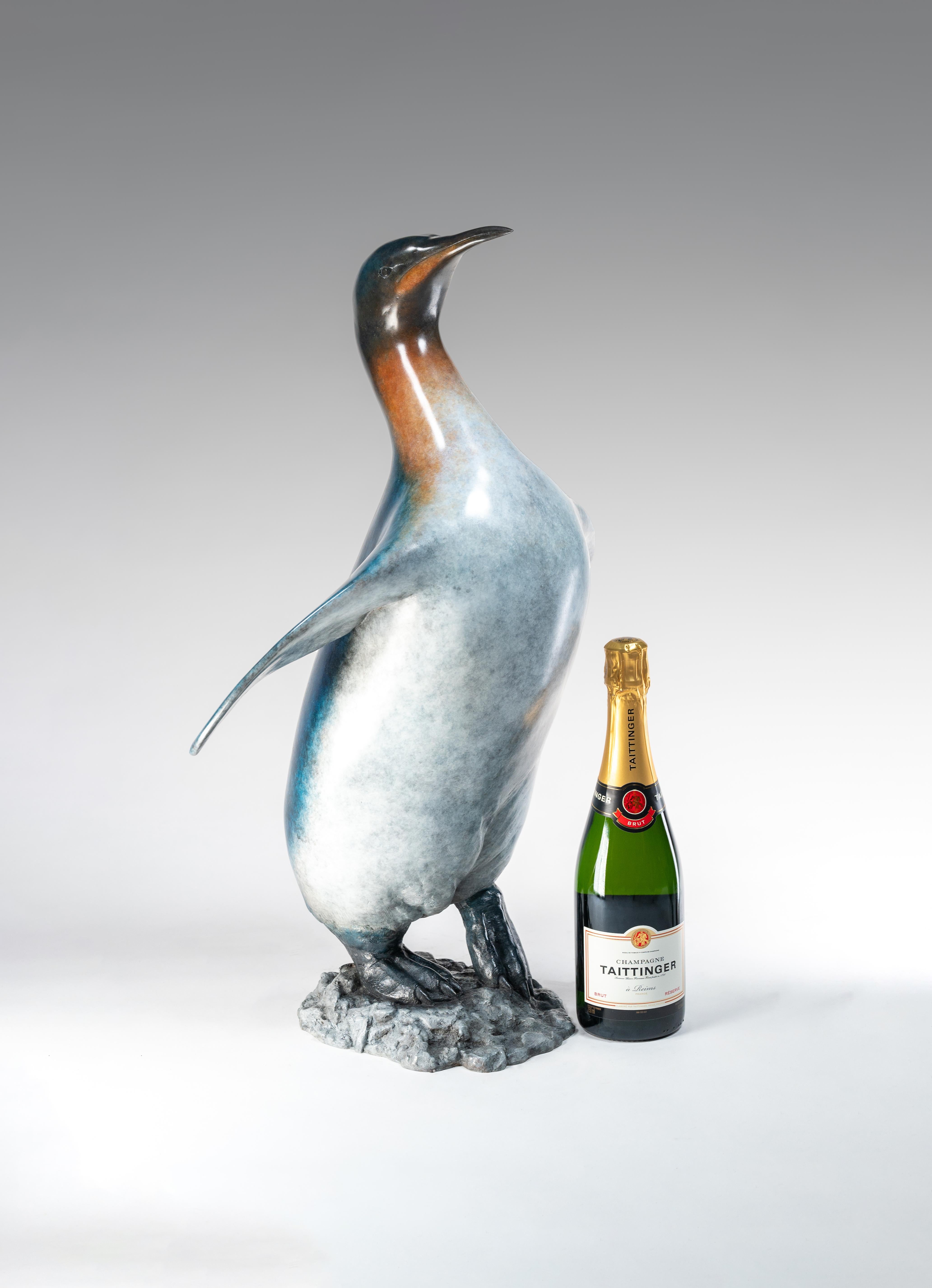 Tobias Martin Figurative Sculpture - 'King Penguin' Bronze Sculpture of a penguin on rocks, blue, orange & white