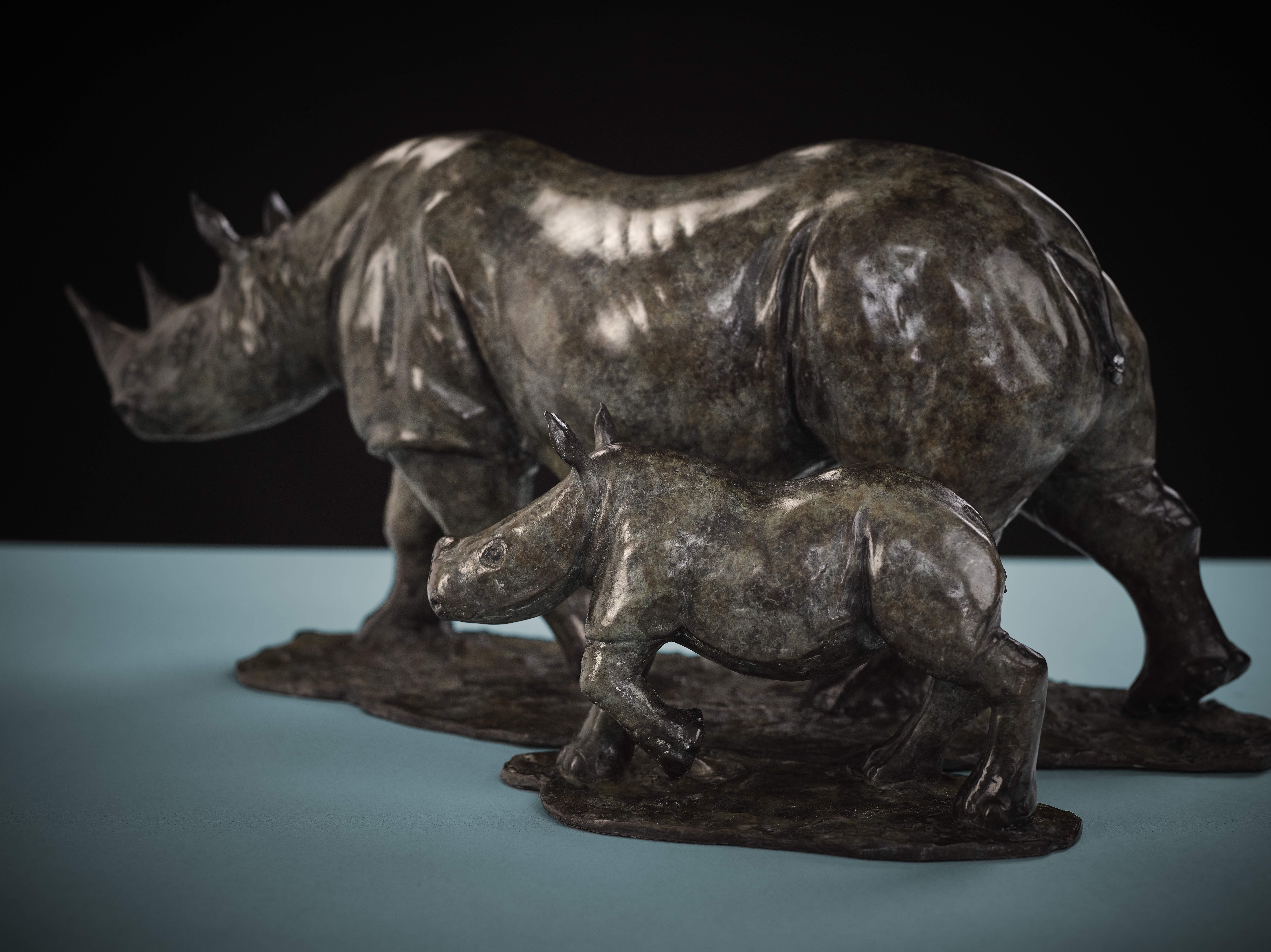 'Rhino & Baby Rhino' Contemporary Bronze Animal Sculpture of African Rhinos For Sale 1