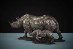 'Rhino & Baby Rhino' Contemporary Bronze Animal Sculpture of African Rhinos