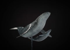 'Whale & Calf' Bronze Sculpture patinated blue of a Humpback Whale swimming