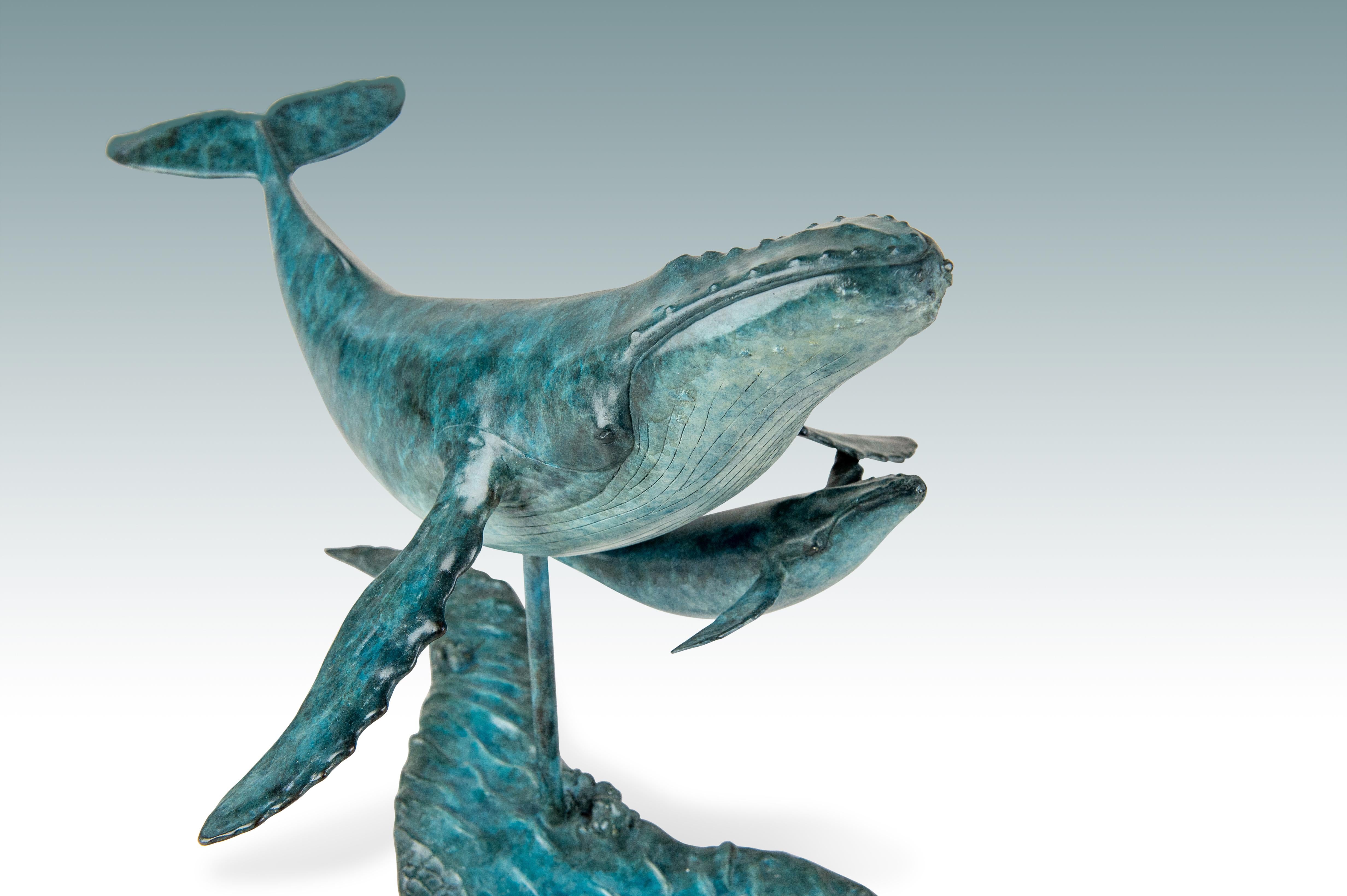 'Whale & Calf' Bronze Sculpture patinated blue of a Humpback Whale swimming  1