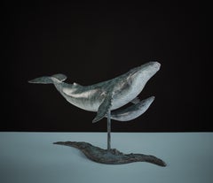 'Whale & Calf' Bronze Sculpture patinated blue of a Humpback Whale swimming 