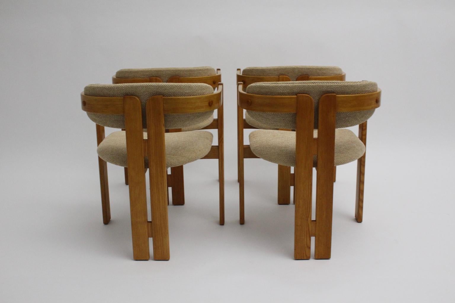 Fabric Italian Set of Four Vintage Brown Ash Dining Chairs 1970s
