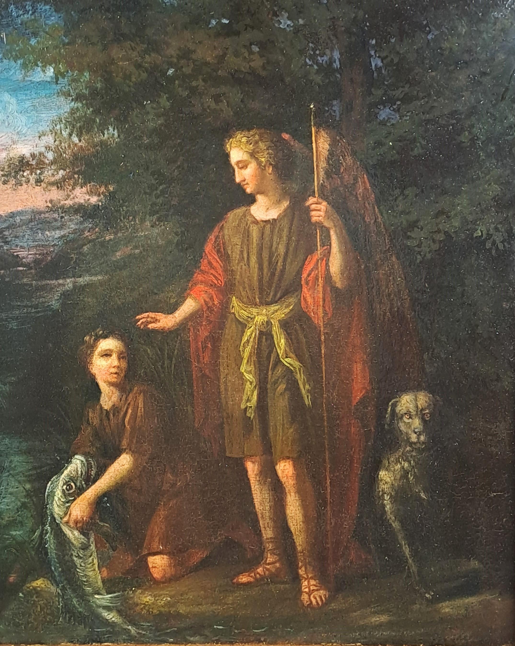 Tobias il pescatore e l'angelo Raphael,  

 Scuola di francese,   

Fine del XVII secolo.  

 Cornice successiva in rovere e fregio in rilievo dorato.   


Ottime condizioni, relining e vecchi restauri. 

 Dimensioni: 45 cm (quadro  : 59 cm) x 37 cm