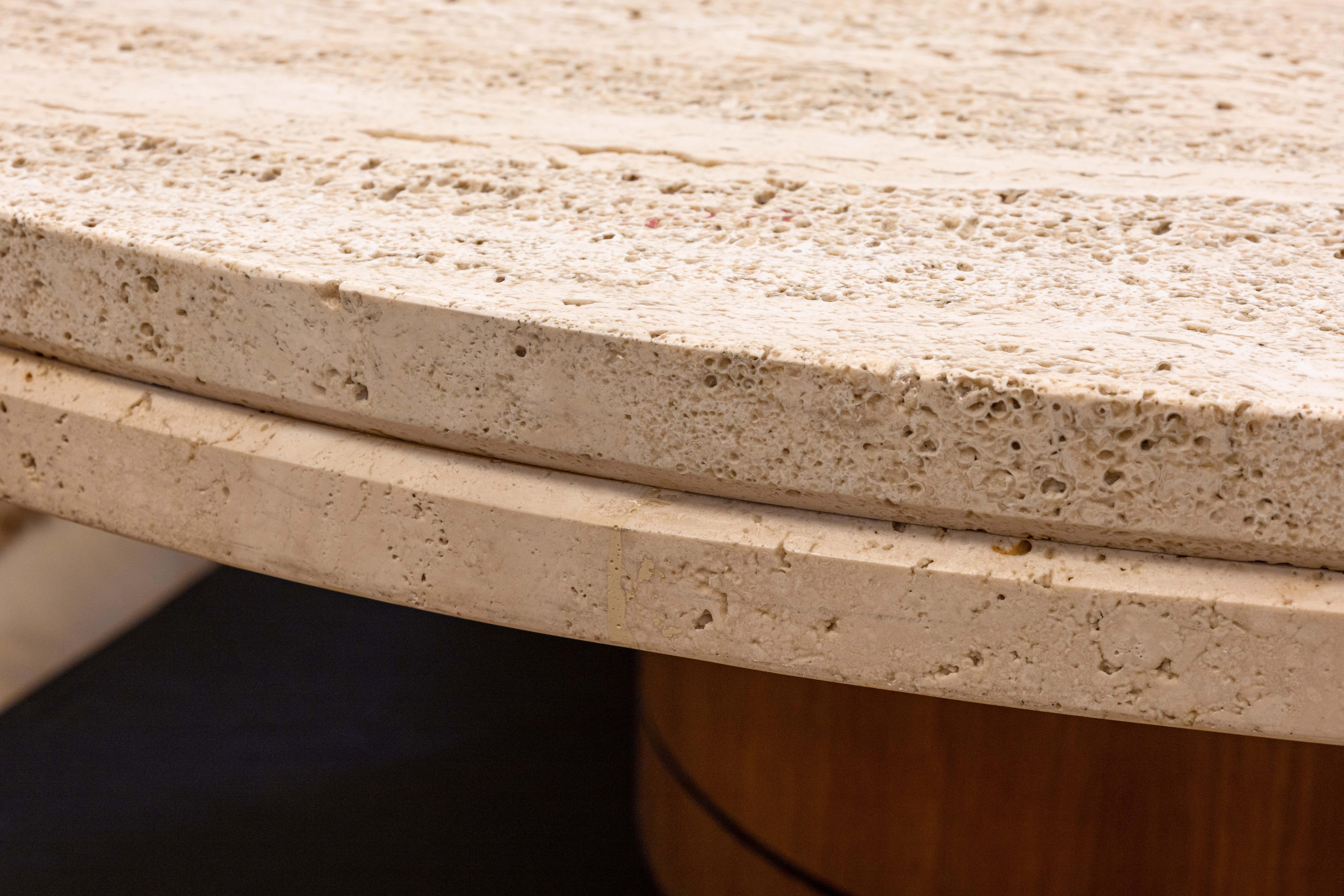 Tobocman Contemporary Modern Round Travertine and Wood Coffee Cocktail Table In Good Condition In Keego Harbor, MI