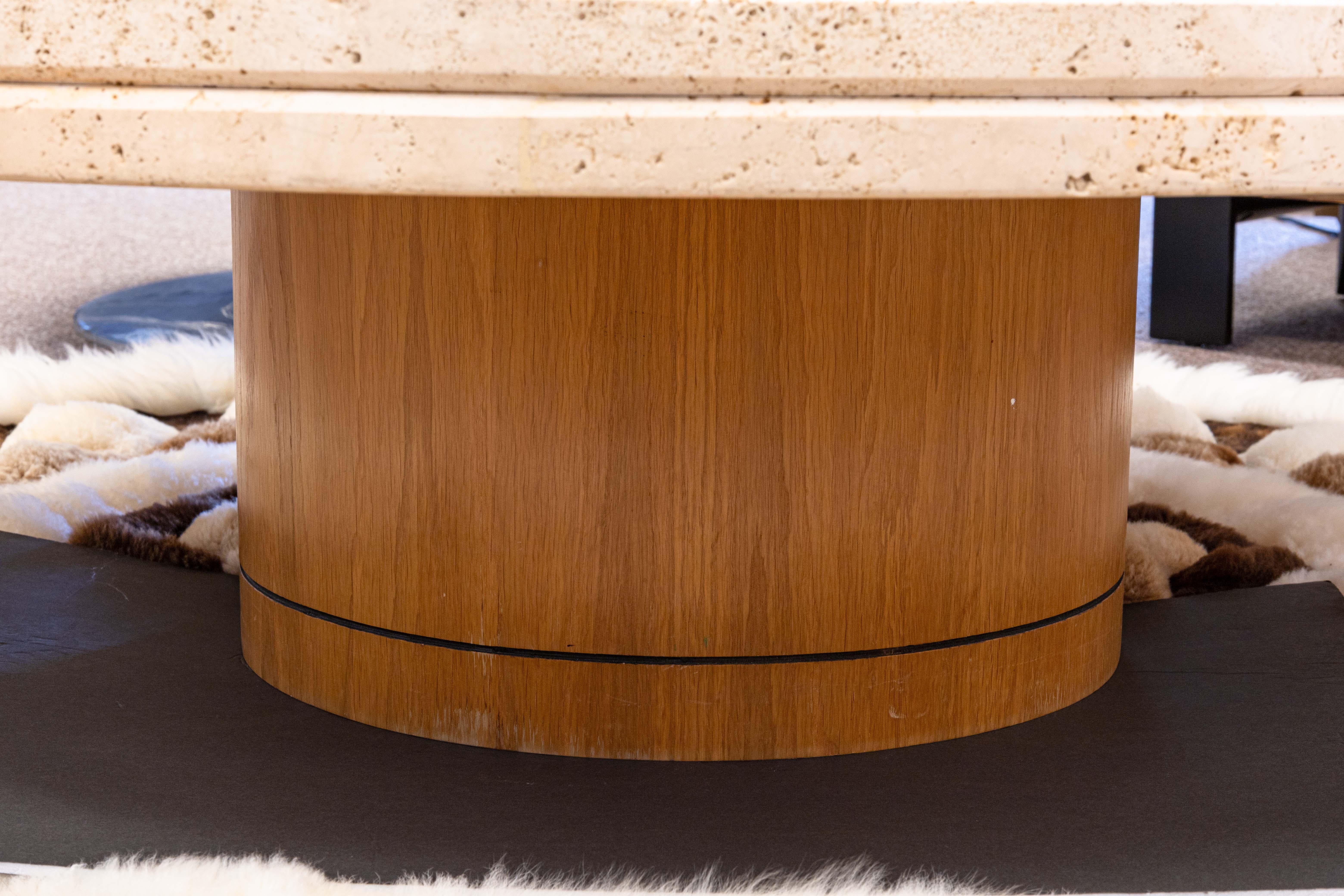 20th Century Tobocman Contemporary Modern Round Travertine and Wood Coffee Cocktail Table
