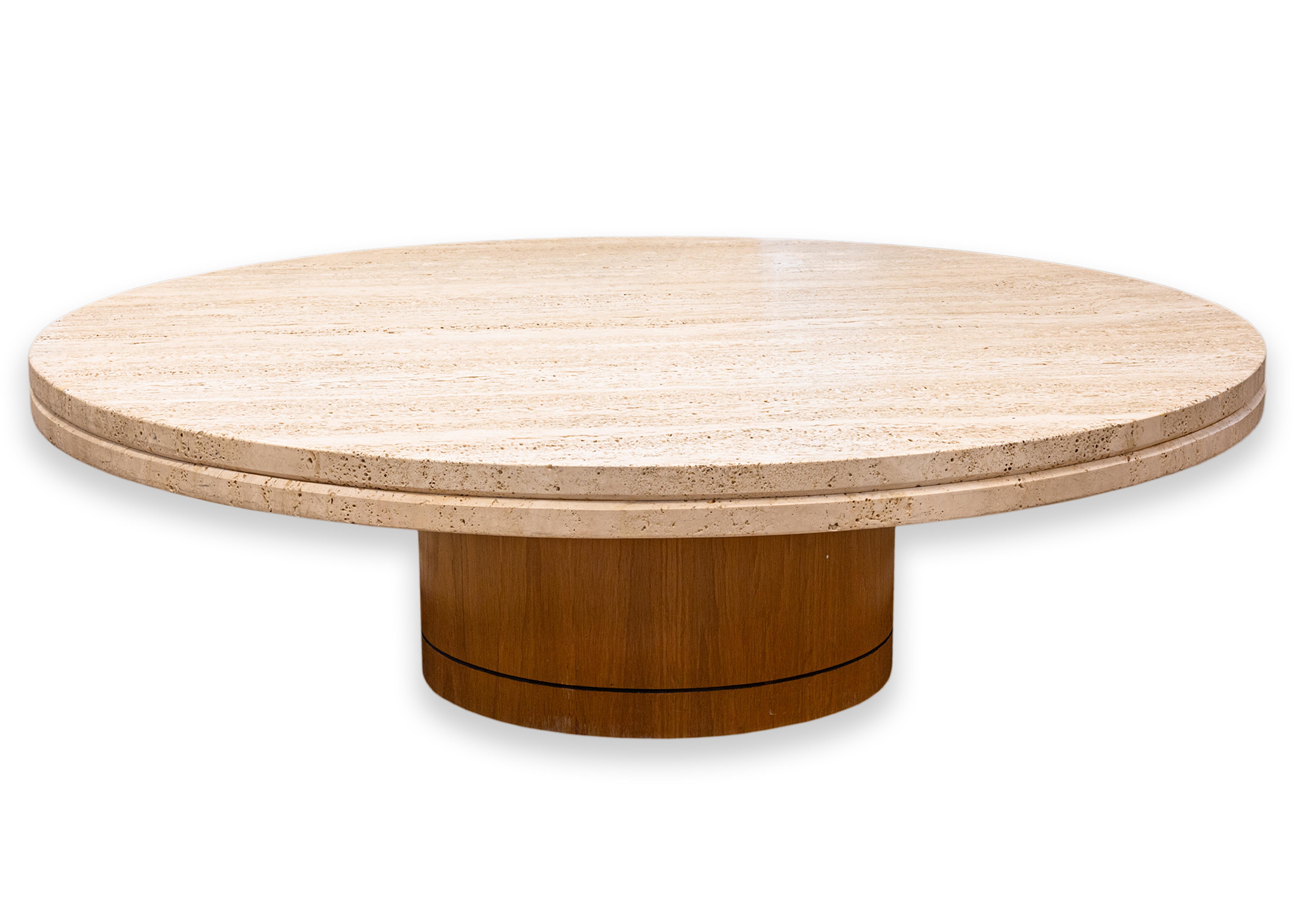 Tobocman Contemporary Modern Round Travertine and Wood Coffee Cocktail Table 1