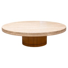 Tobocman Contemporary Modern Round Travertine and Wood Coffee Cocktail Table