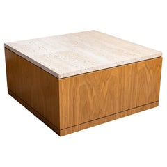 Tobocman Contemporary Modern Square Travertine Stone and Wood Side End Table
