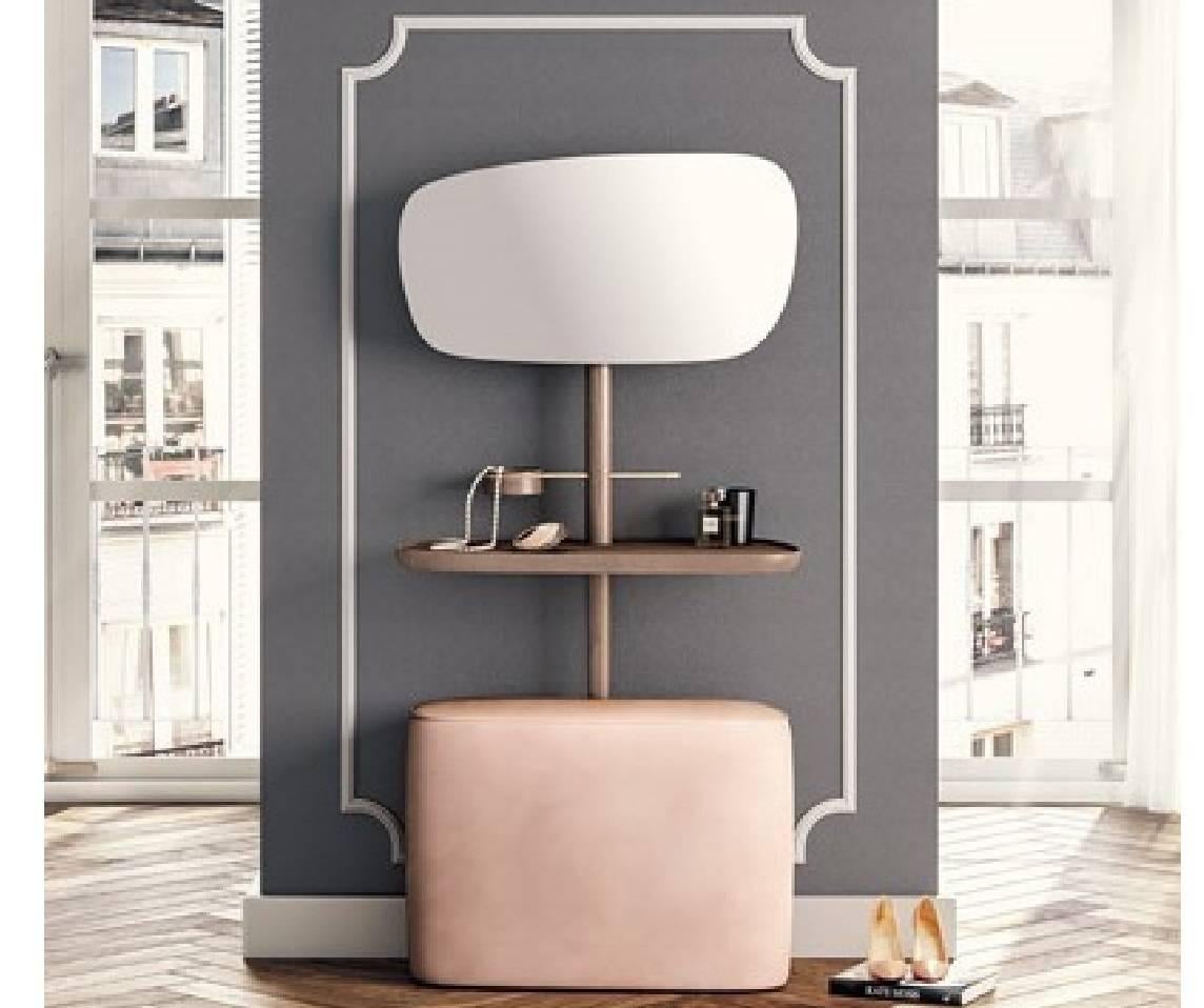 Inspired by a sensitive, modern woman, and without forgetting functionality, we have taken attention to the softness in shapes and materials. The seat can be easily kept under the dressing table, in a warm hug with the central column, and “beauty