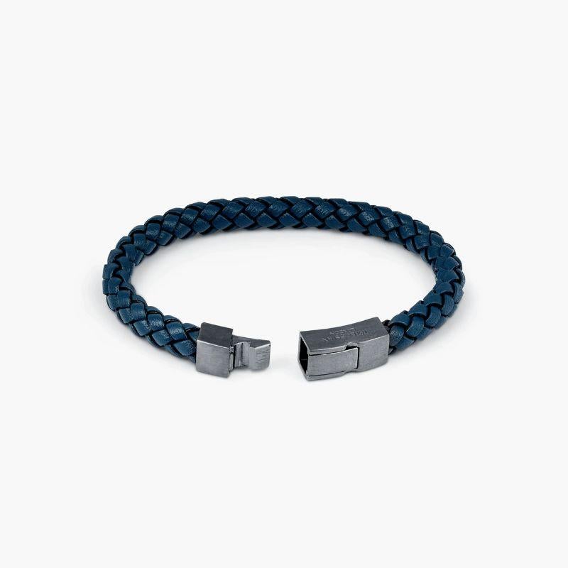 Men's Tocco Bracelet in Grey Piped Blue Leather & Black Rhodium Sterling Silver, Size L For Sale