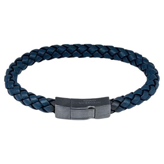 Tocco Bracelet in Grey Piped Blue Leather & Black Rhodium Sterling Silver, Size L For Sale