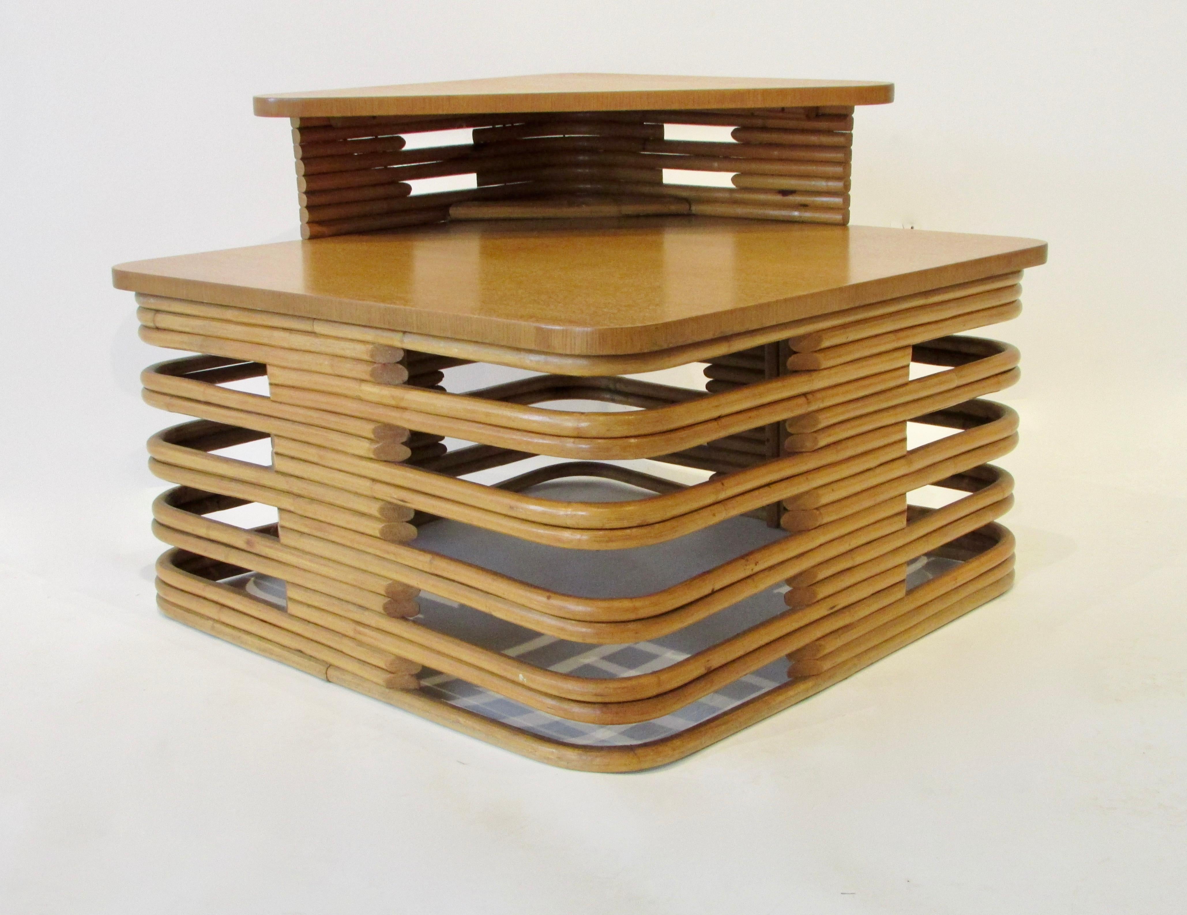 Japanese Tochiku Paul Frankl Style Stacked Bamboo Square Table with Removable Top Tier For Sale