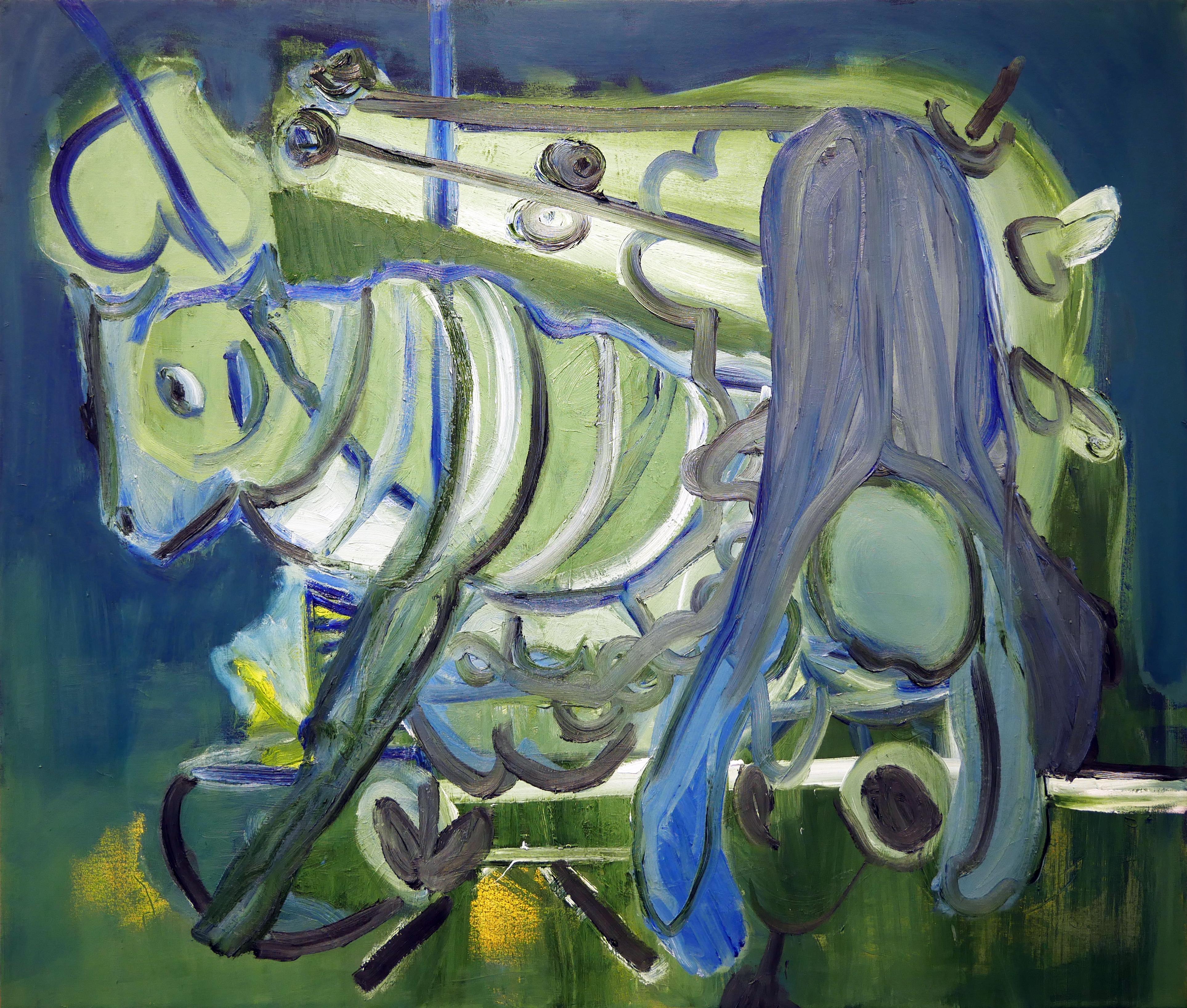 Tod Bailey Abstract Painting – "Blue Rodeo" Contemporary Abstract Blue & Green Toned Cow / Bull Painting