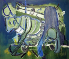 "Blue Rodeo" Contemporary Abstract Blue & Green Toned Cow / Bull Painting