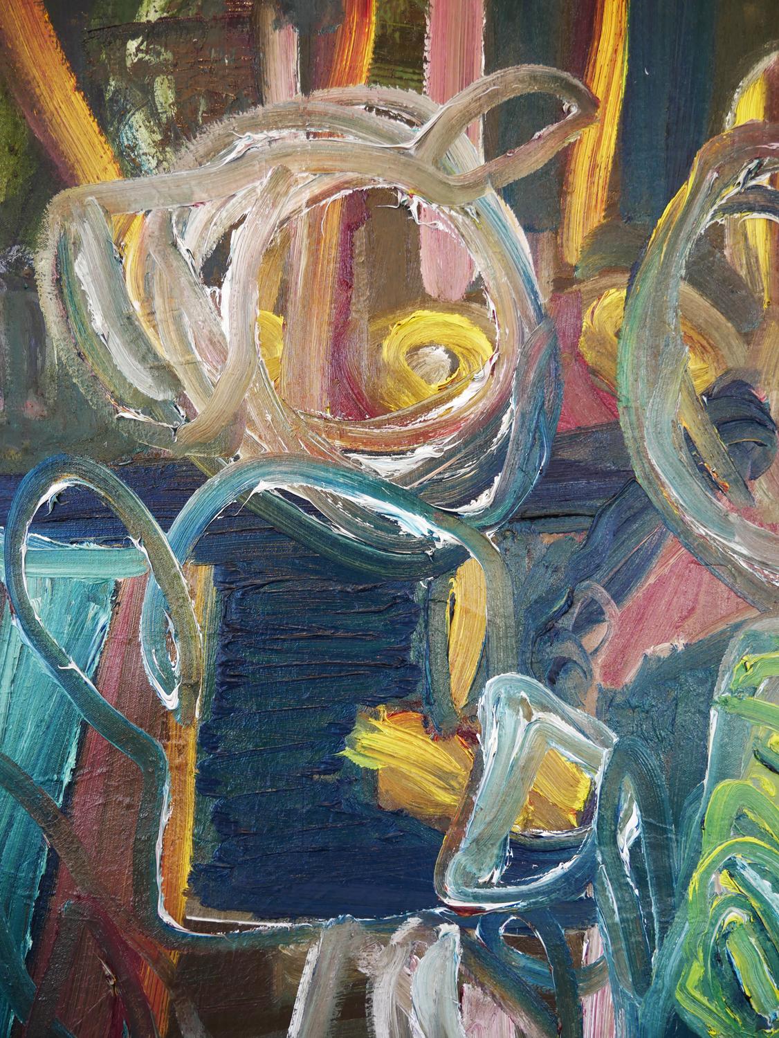 Zeitgenössisches abstraktes gelbes und grün getöntes figuratives Gemälde „Club Pig“ im Angebot 10