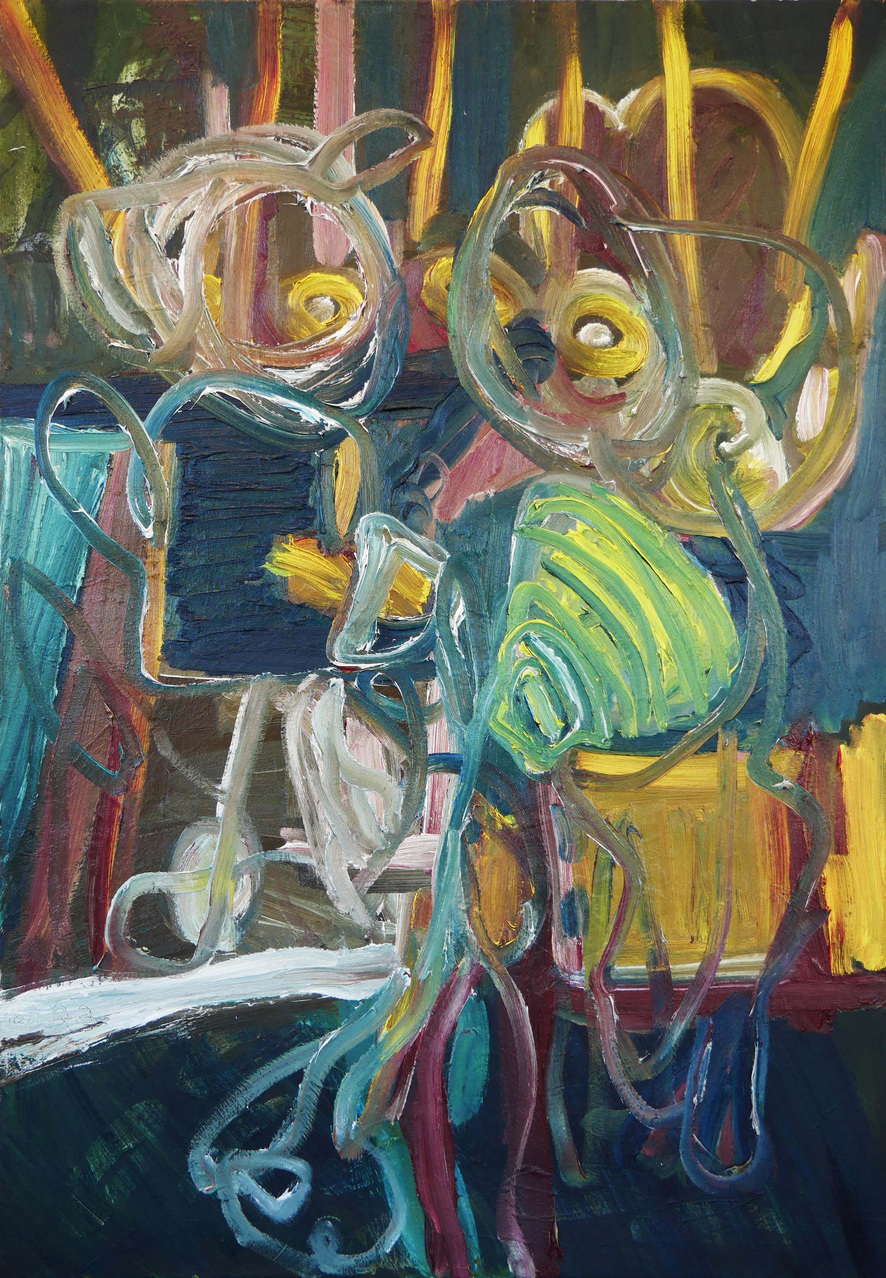 Tod Bailey Figurative Painting – Zeitgenössisches abstraktes gelbes und grün getöntes figuratives Gemälde „Club Pig“