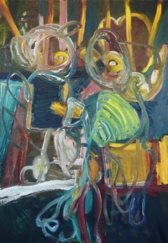 "Club Pig" - Peinture figurative abstraite contemporaine aux tons jaunes et verts