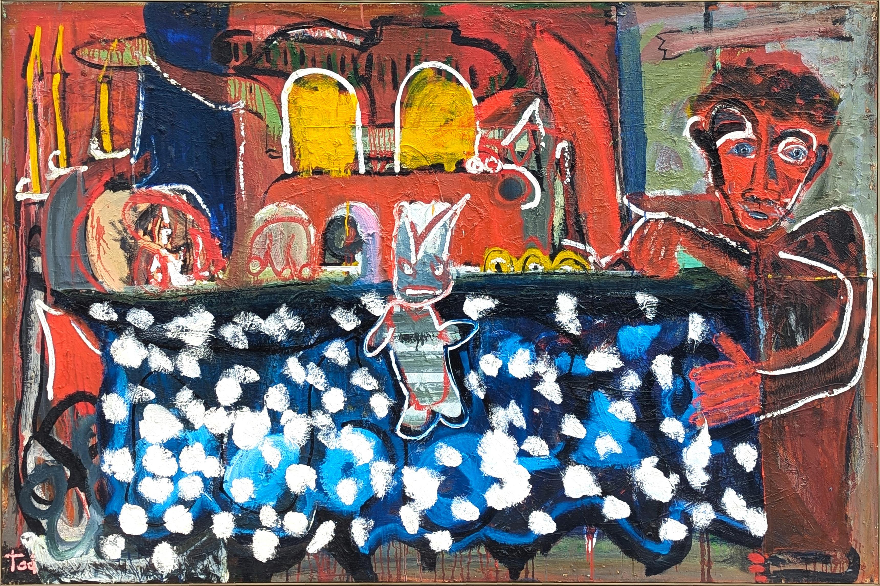 Figurative Painting de Tod Bailey - "Muerte de Marat" Pintura figurativa contemporánea abstracta en tonos rojos y azules