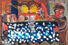 "Death of Marat" Contemporary Abstract Red and Blue Toned Figurative Painting