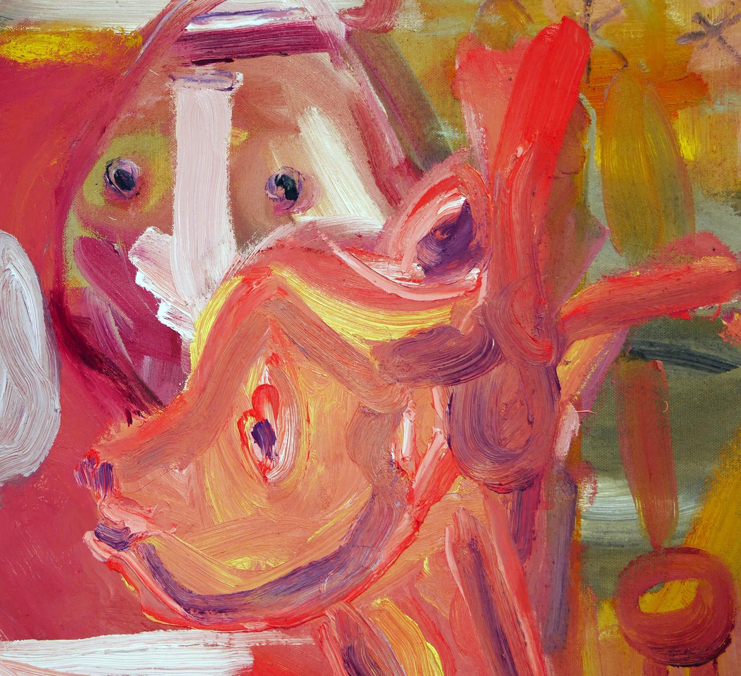 Zeitgenössisches farbenfrohes abstraktes Bauernhof-Tier-Gemälde „Feed Lot Ballon Ride“ im Angebot 7