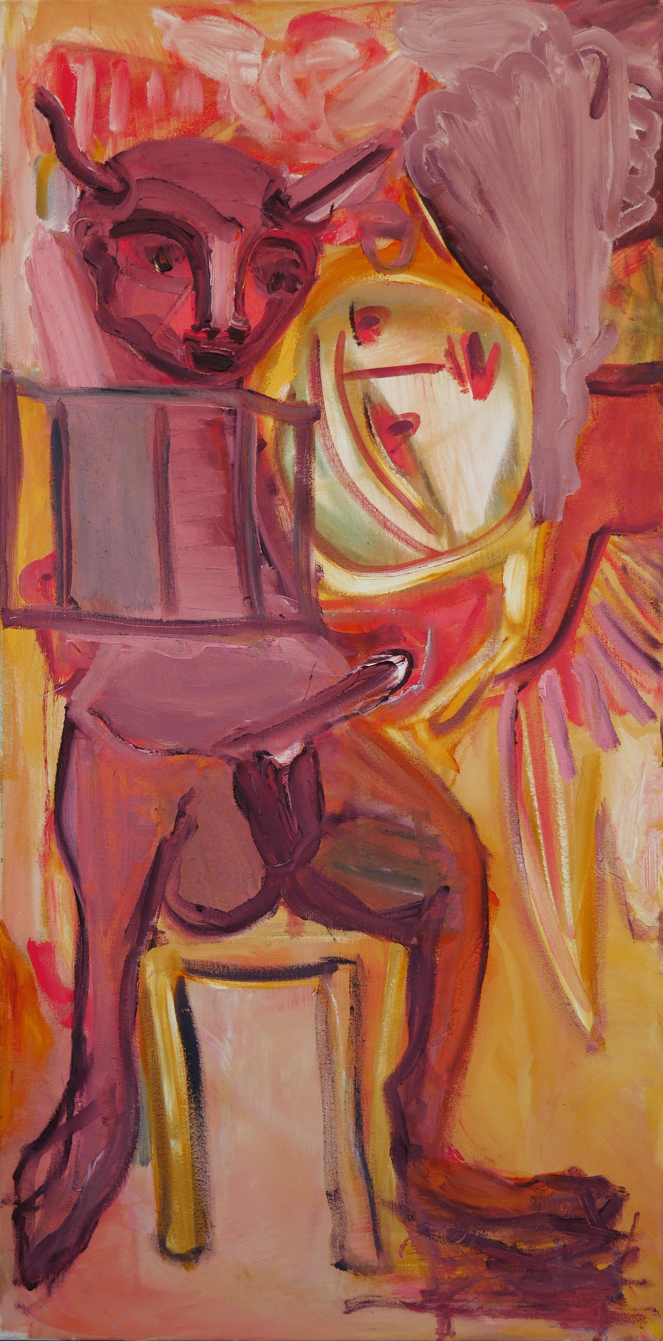 Tod Bailey Abstract Painting - "Prayer Book" Contemporary Abstract Pink & Yellow Toned Figurative Painting