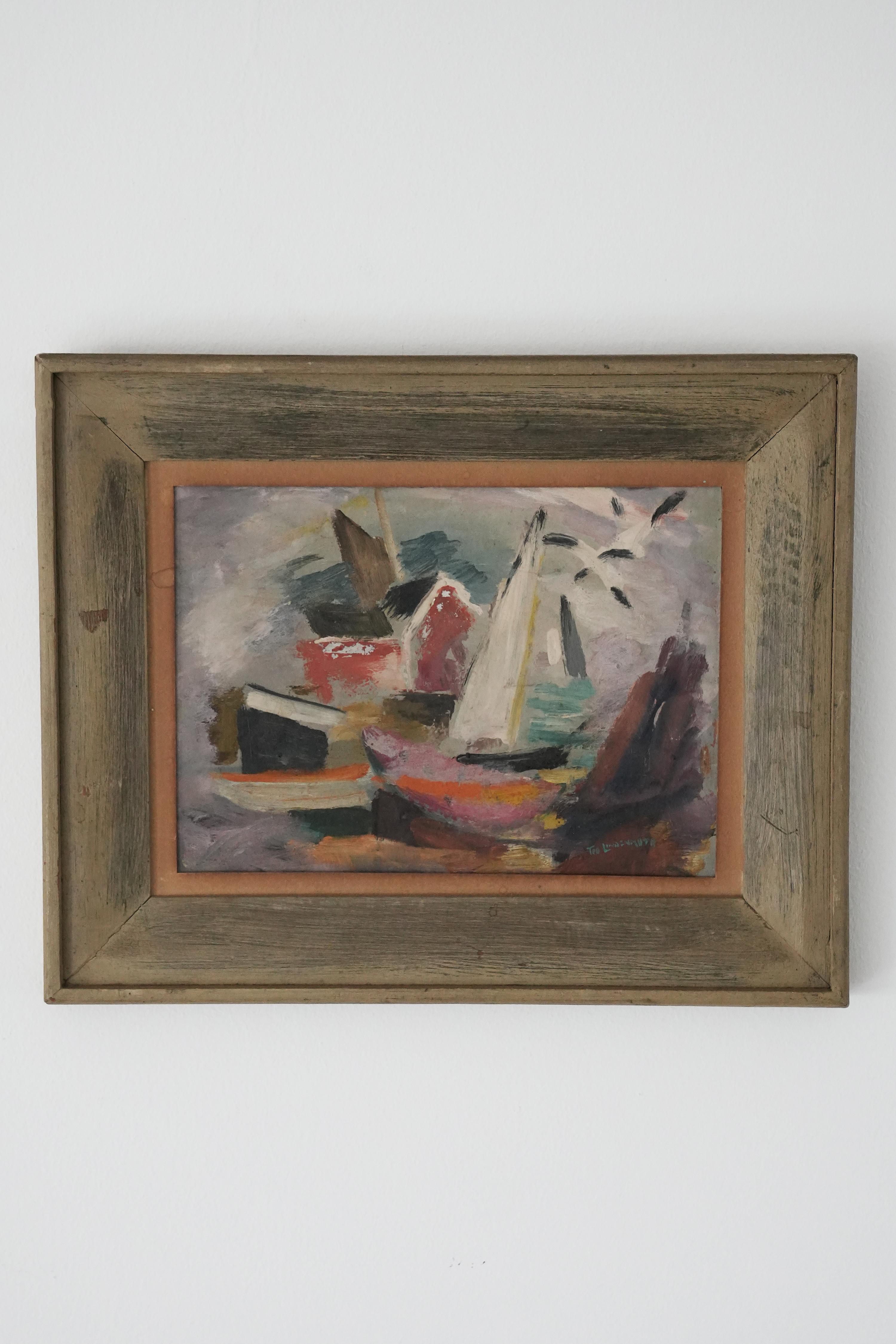This is a semi-abstract painting of a harbor scene featuring a pair of seagulls and pink sailboat by abstract expressionist artist Tod Lindenmuth (1885-1976) Lindenmuth, born in Provincetown and the founder of Provincetown Art Association, was most