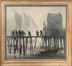"Thick Outside, " Tod Lindemuth, Provincetown Fishermen at Docks with Boat, WPA