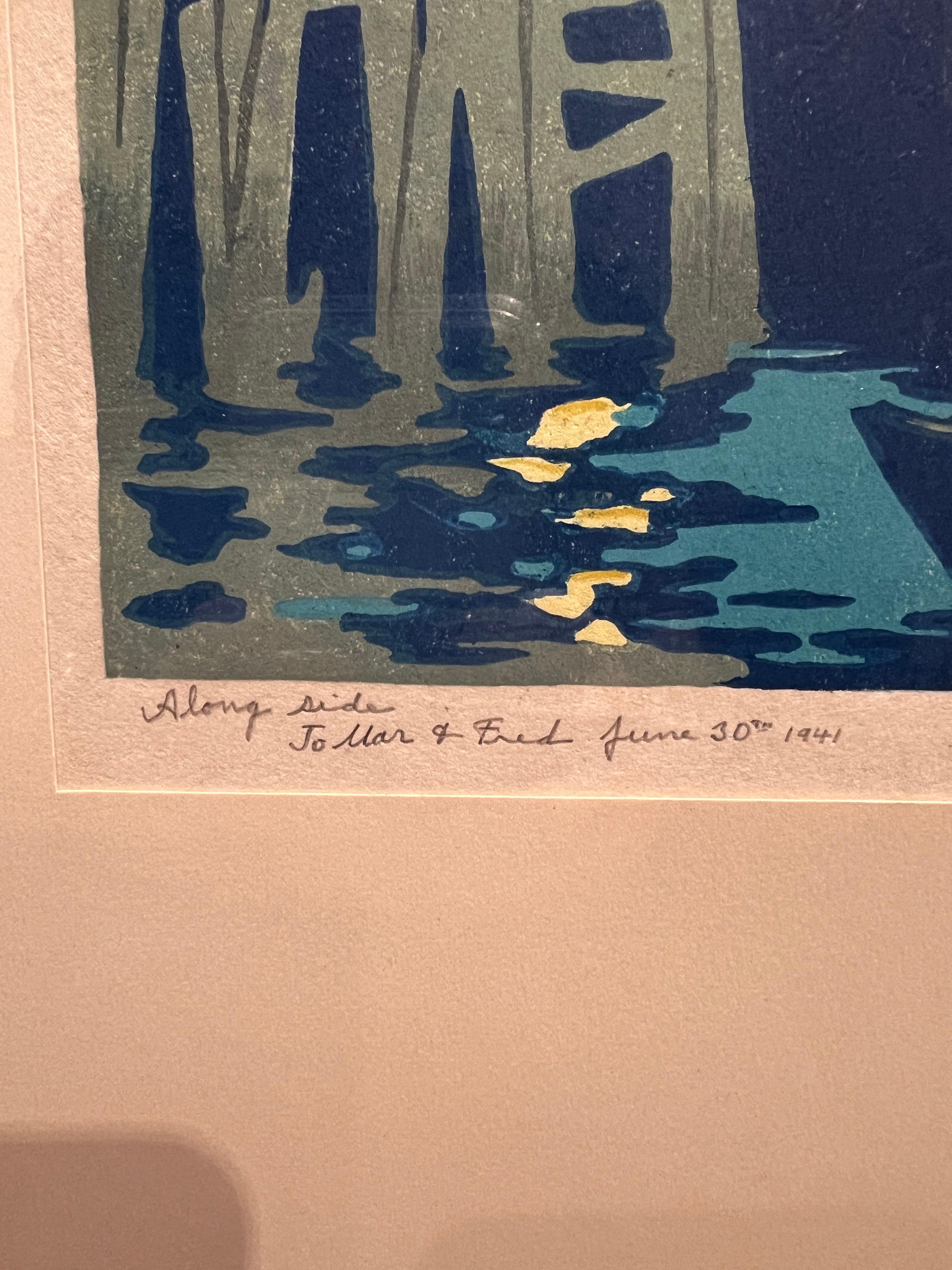Alongside, 1941
Tod Lindenmuth (American, 1885-1976)
Color Woodblock Print
9 x 7 inches
19.75 x 14.5 inches with frame
Signed Lower Right
Titled and Dated Lower Left

A founder of the Provincetown Art Association and one of the original Provincetown
