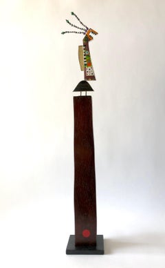 Tod Pardon Sterling Silver 14 Karat Enamel Sculpture Brooch on Padouk Wood Base