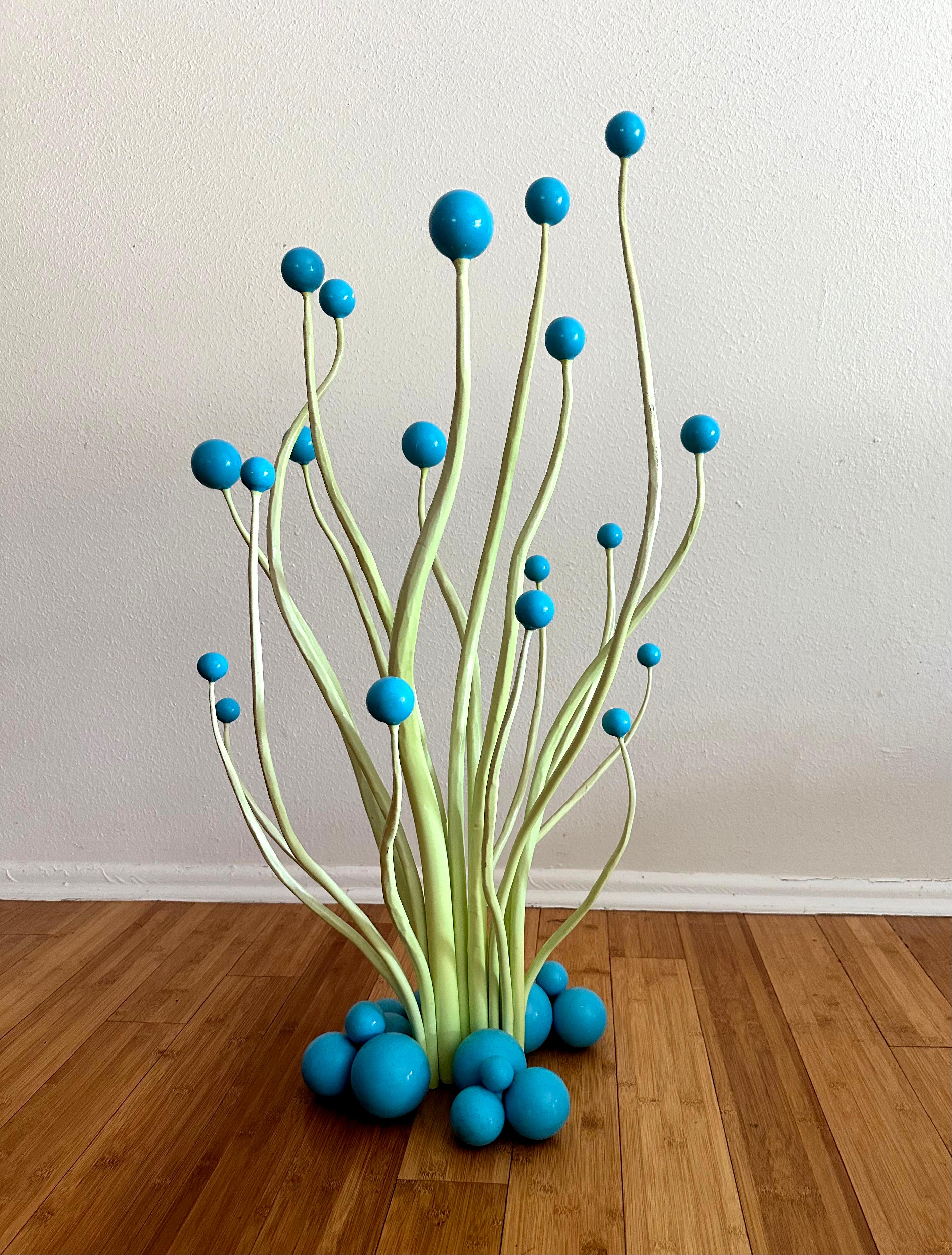 Ball and Ball, verde fluorescente e turchese, scultura contemporanea in acciaio surreale - Sculpture di Todd Campbell