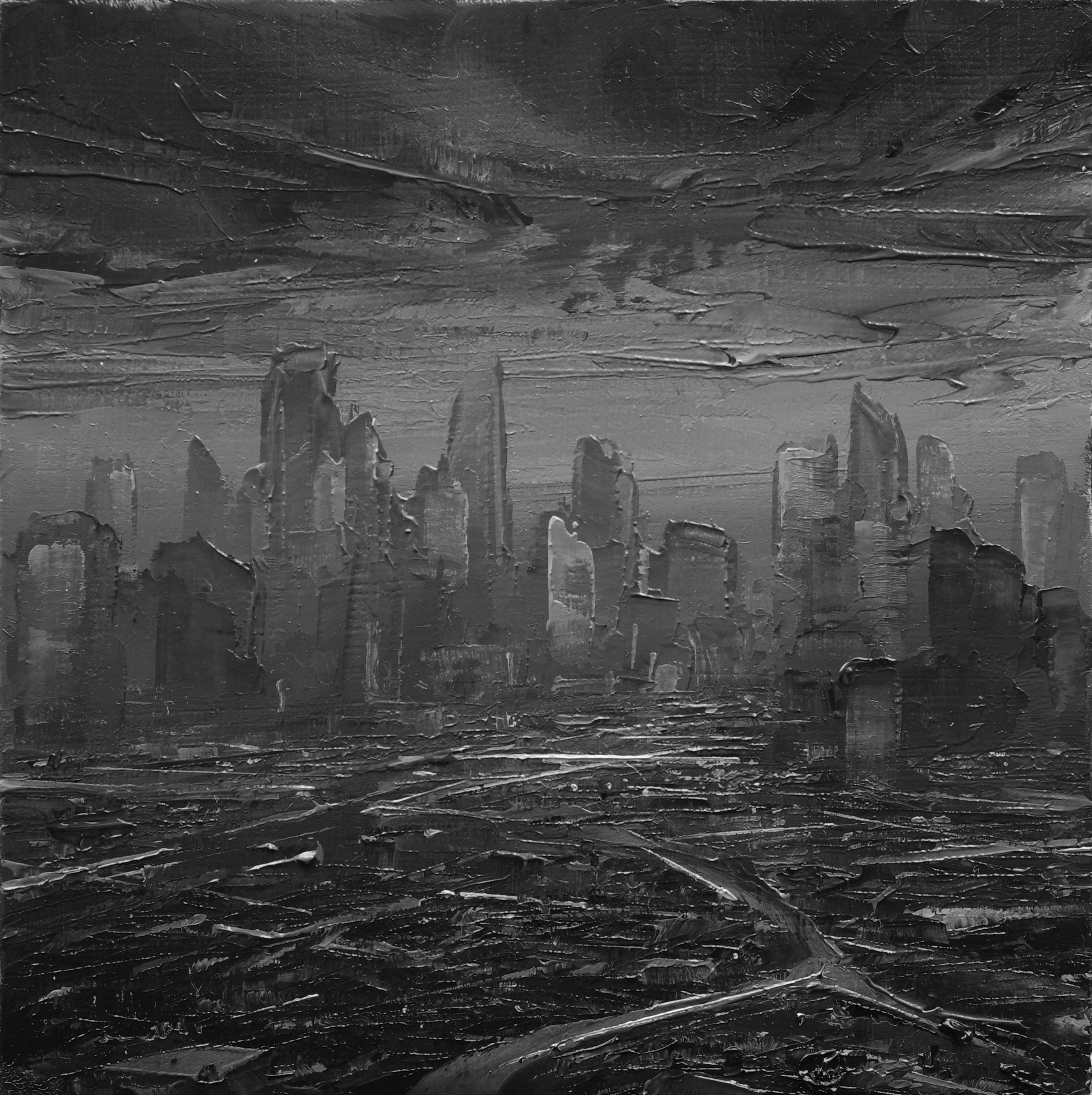 Todd Carpenters (USA) "The Span" ist ein Ölgemälde, das eine schwarz-weiße Stadtlandschaft eines hoch aufragenden Downtown-Bereichs zeigt. Dieses Werk ist gerahmt und hängefertig. 

Bio/Künstlerische Erklärung:

Todd Carpenter ist ein in Los Angeles