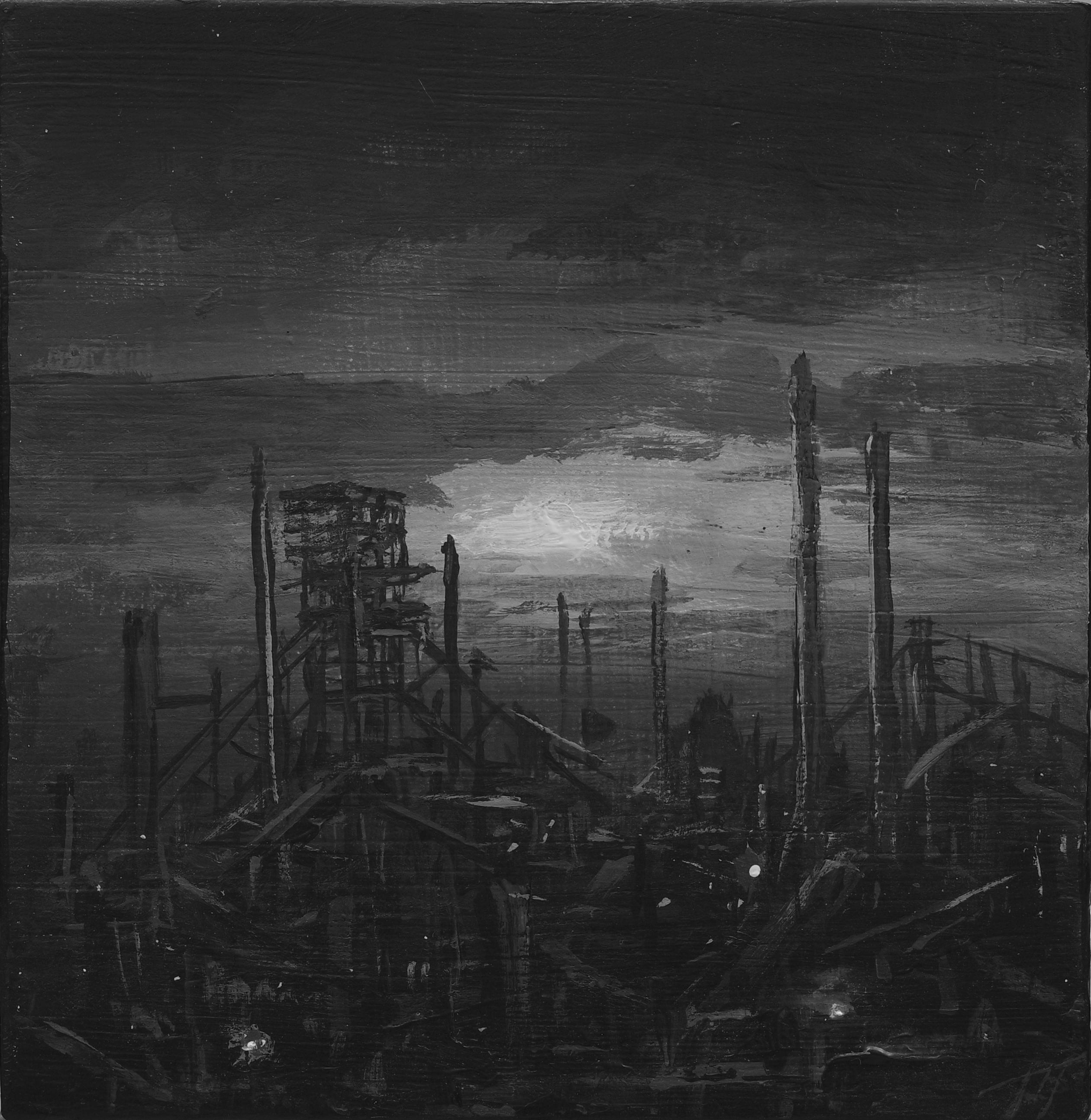 Todd Carpenter's "Vitkovice"  is an original, handmade acrylic painting that depicts a monochromatic urban, industrial landscape. This piece is not framed yet is ready to hang.   

Todd Carpenter is a Los Angeles based artist who uses black and