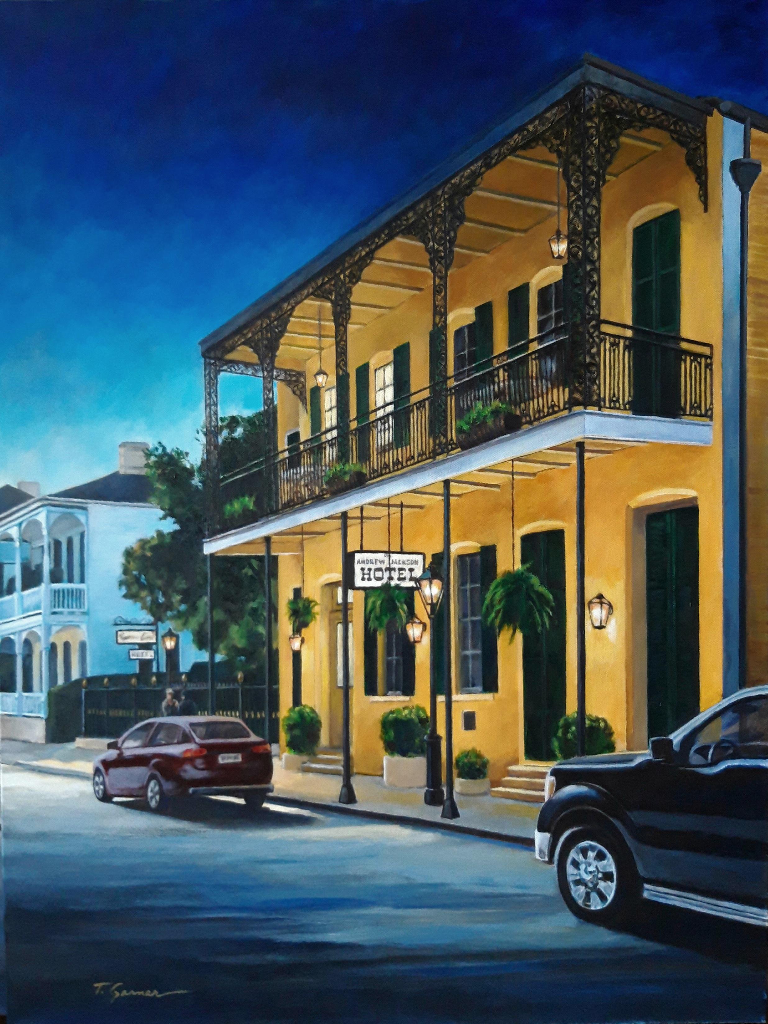 Todd Garner Figurative Painting - Royal Street - American classic realism retro romantic cityscape architecture