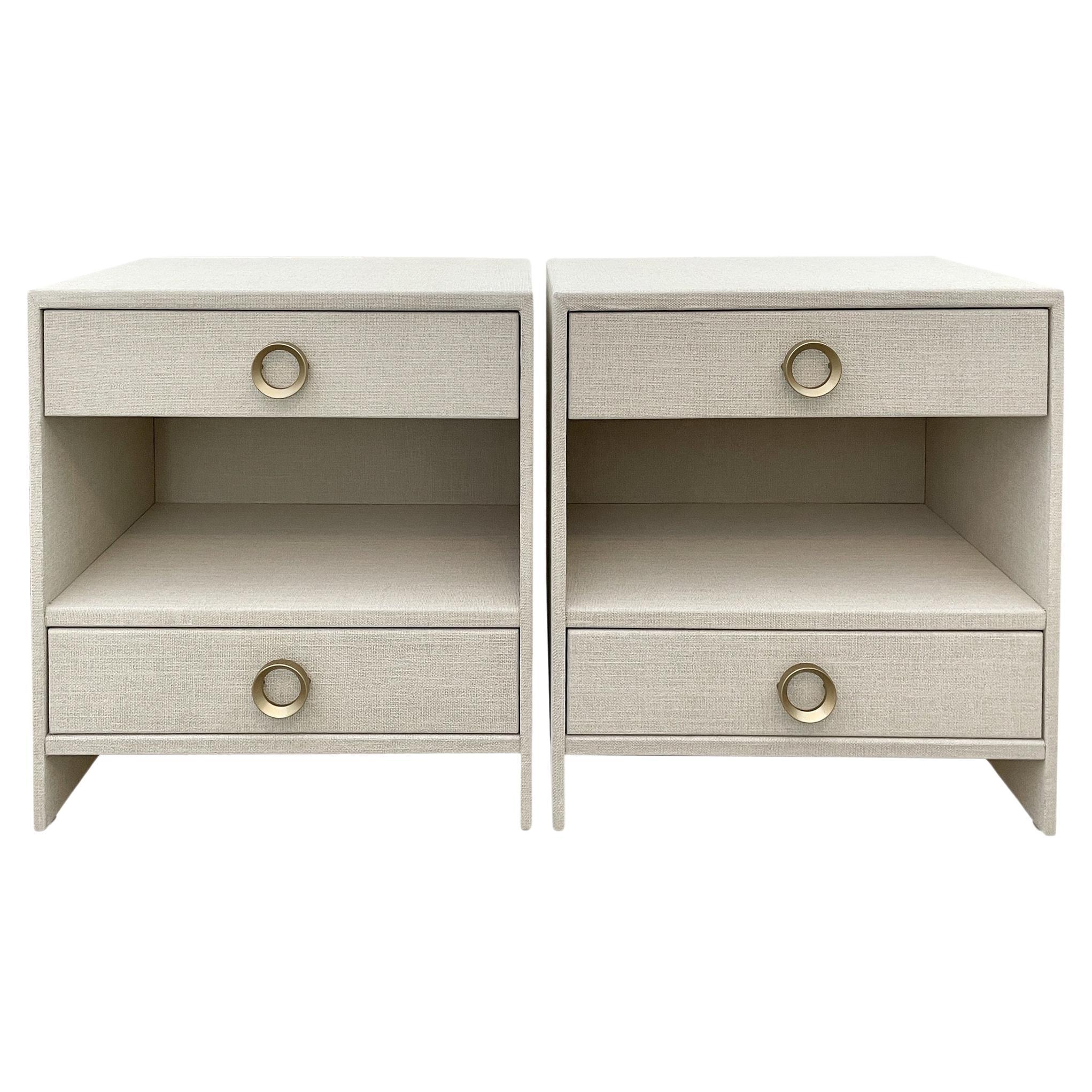 Matching Pair of Custom Linen Wrapped TwoDrawer Nightstands For Sale