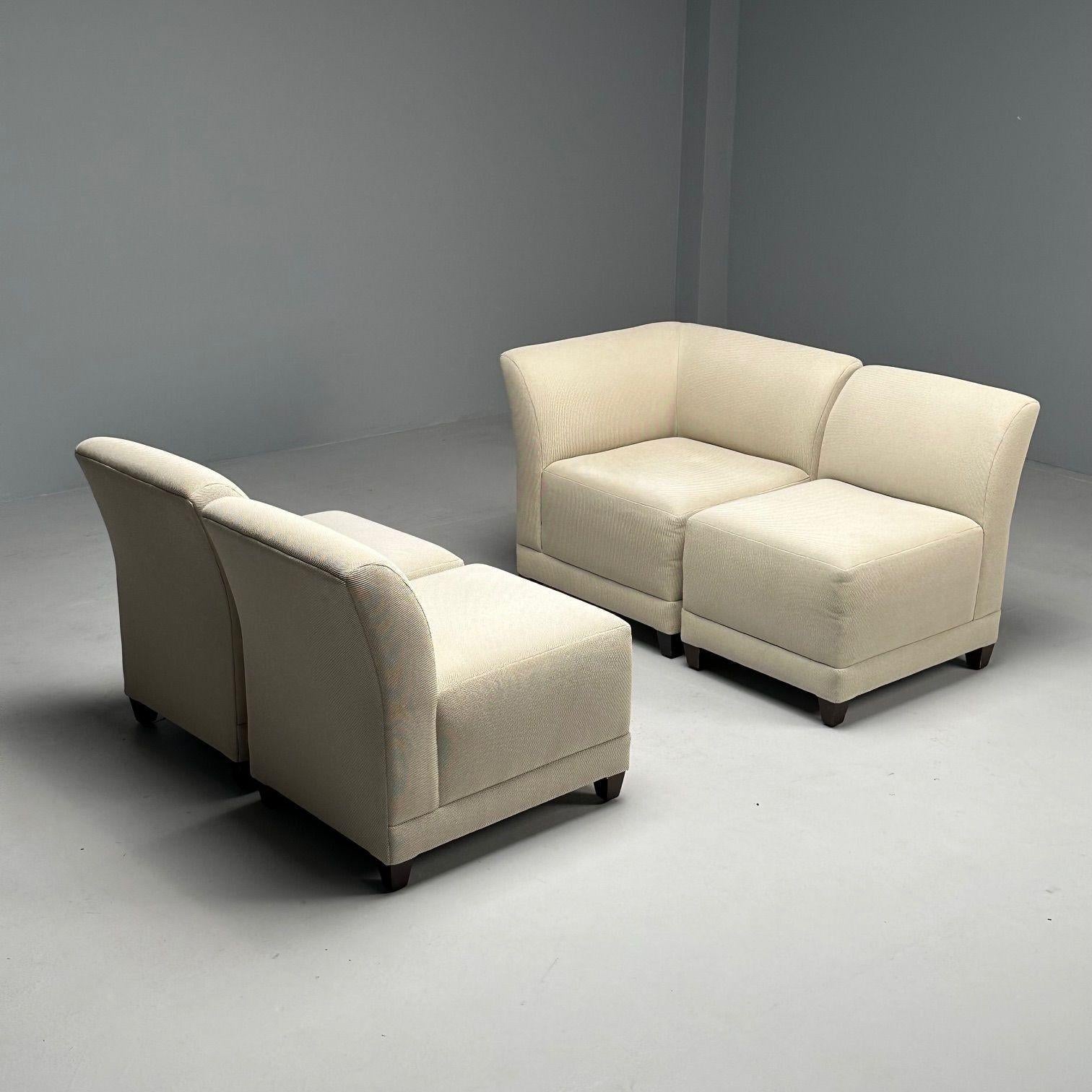 Todd Hase, Jean-Michel Frank Style, Modern Modular Sofa or Banquet, Beige Fabric, 2010s
 
Custom upholstered modular sofa having three slipper chair elements and one corner element. The 'Chester' slipper chairs and corner chair designed and produced