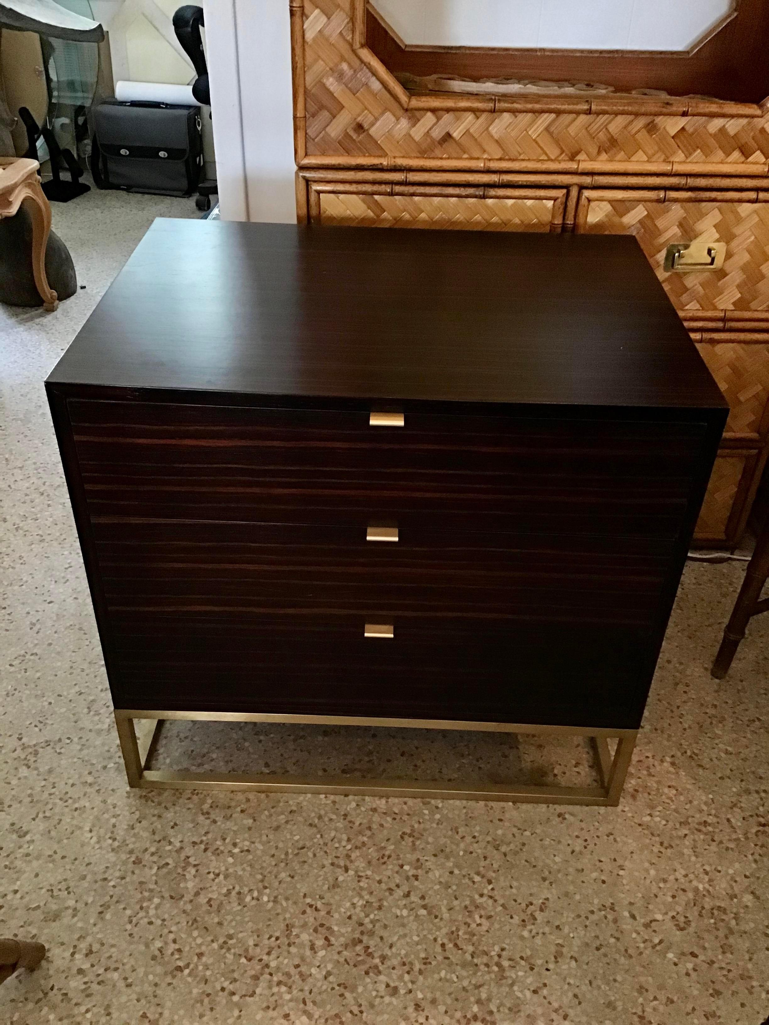 Large Todd Hase designed Maxwell 3 drawer nightstand in macassar/ebony. Could be used as a nightstand or dresser. Typical floor sample condition.
