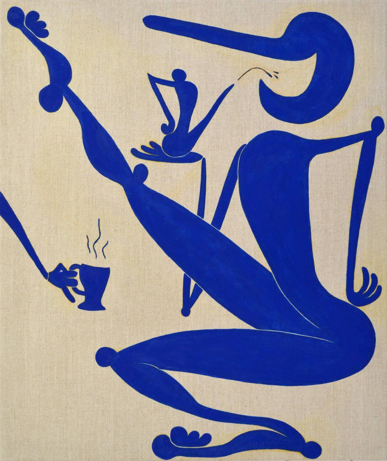 
This blue and white painting is part of Todd Kelly’s figurative Jolly Liar series, which are pared down to elegant blue figures on unpainted linen. Stylistically echoing Matisse’s late cut-outs, the Jolly Liar is a cartoonish character that acts as