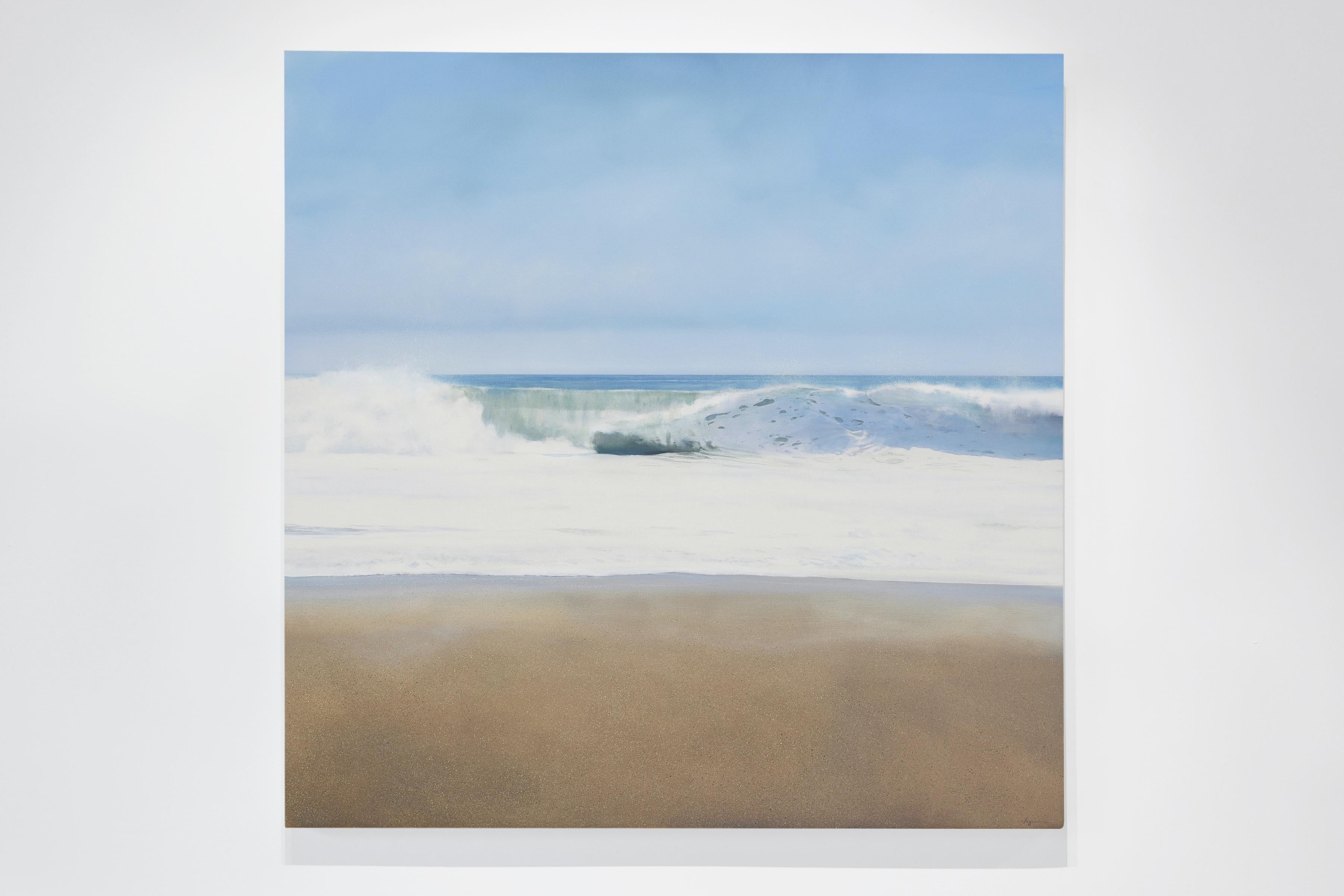 STRAND, small wave, sandy beach, blue sky, photo-realism, white crest of wave - Painting by Todd Kenyon