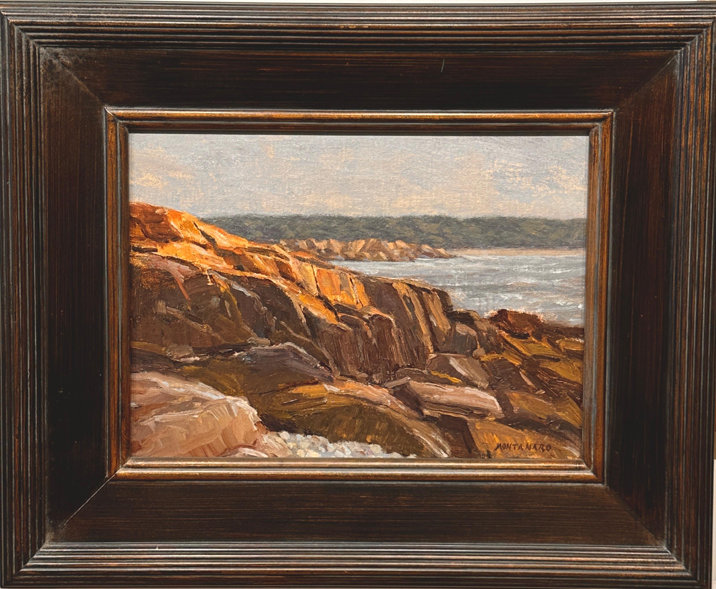 Gray Day, Bass Rocks - plein air gloucester, ma - painted on the back shore - Painting by Todd Montanaro