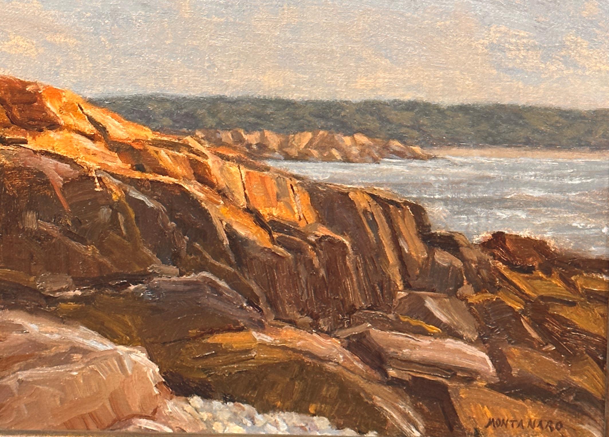 Todd Montanaro Landscape Painting - Gray Day, Bass Rocks - plein air gloucester, ma - painted on the back shore