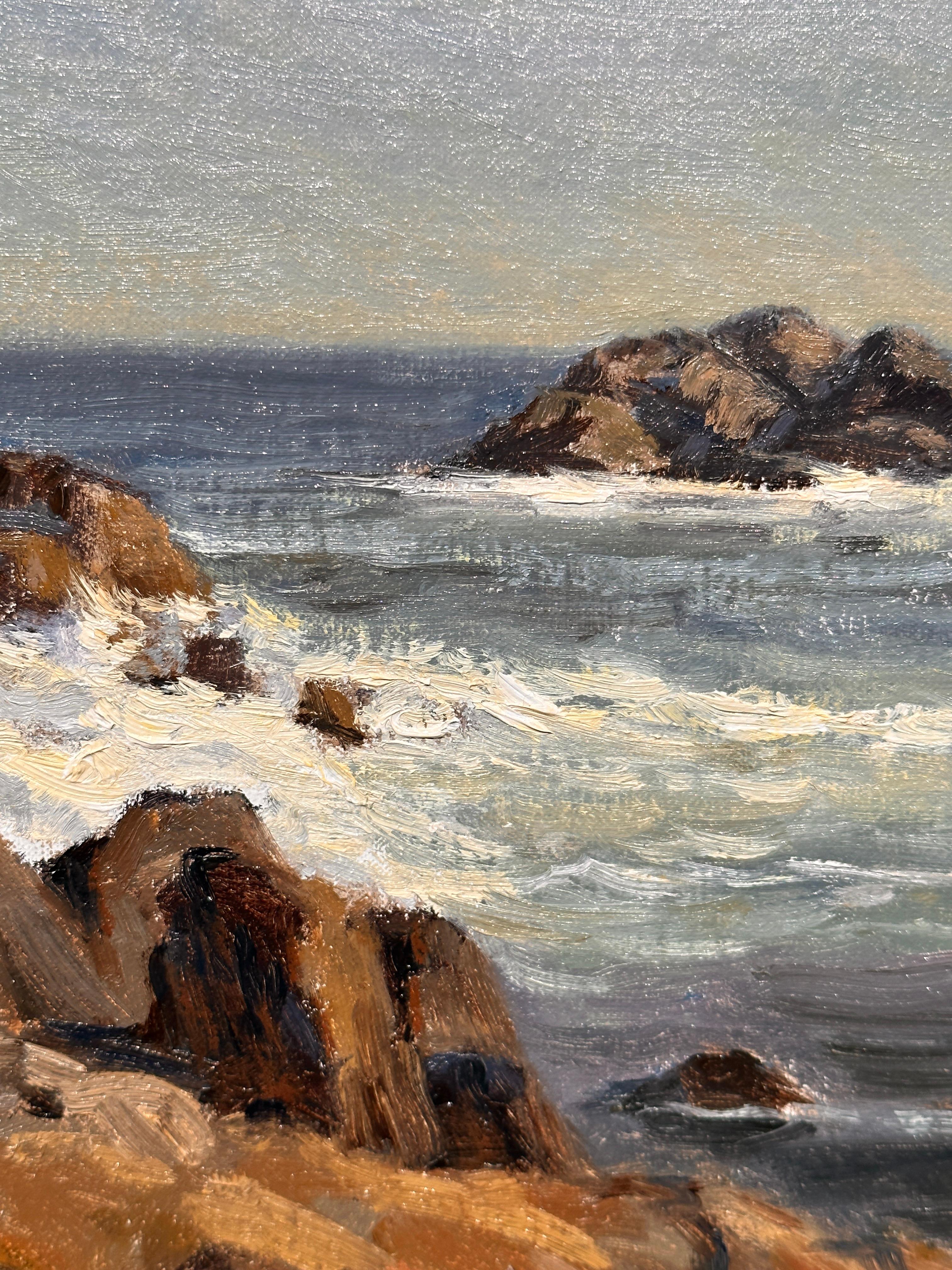 Dipinto Plein Air di surf e rocce realizzato a Gloucester, Massachusetts, presso Bass Rocks - Painting di Todd Montanaro