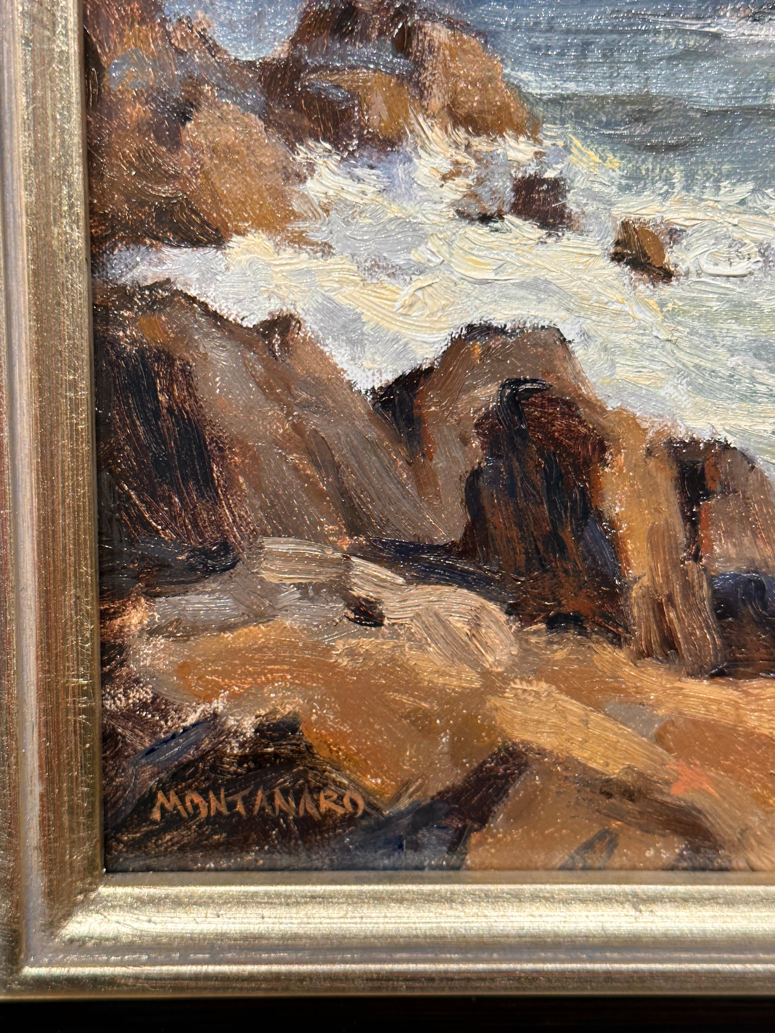 Dipinto Plein Air di surf e rocce realizzato a Gloucester, Massachusetts, presso Bass Rocks - Painting Impressionismo di Todd Montanaro