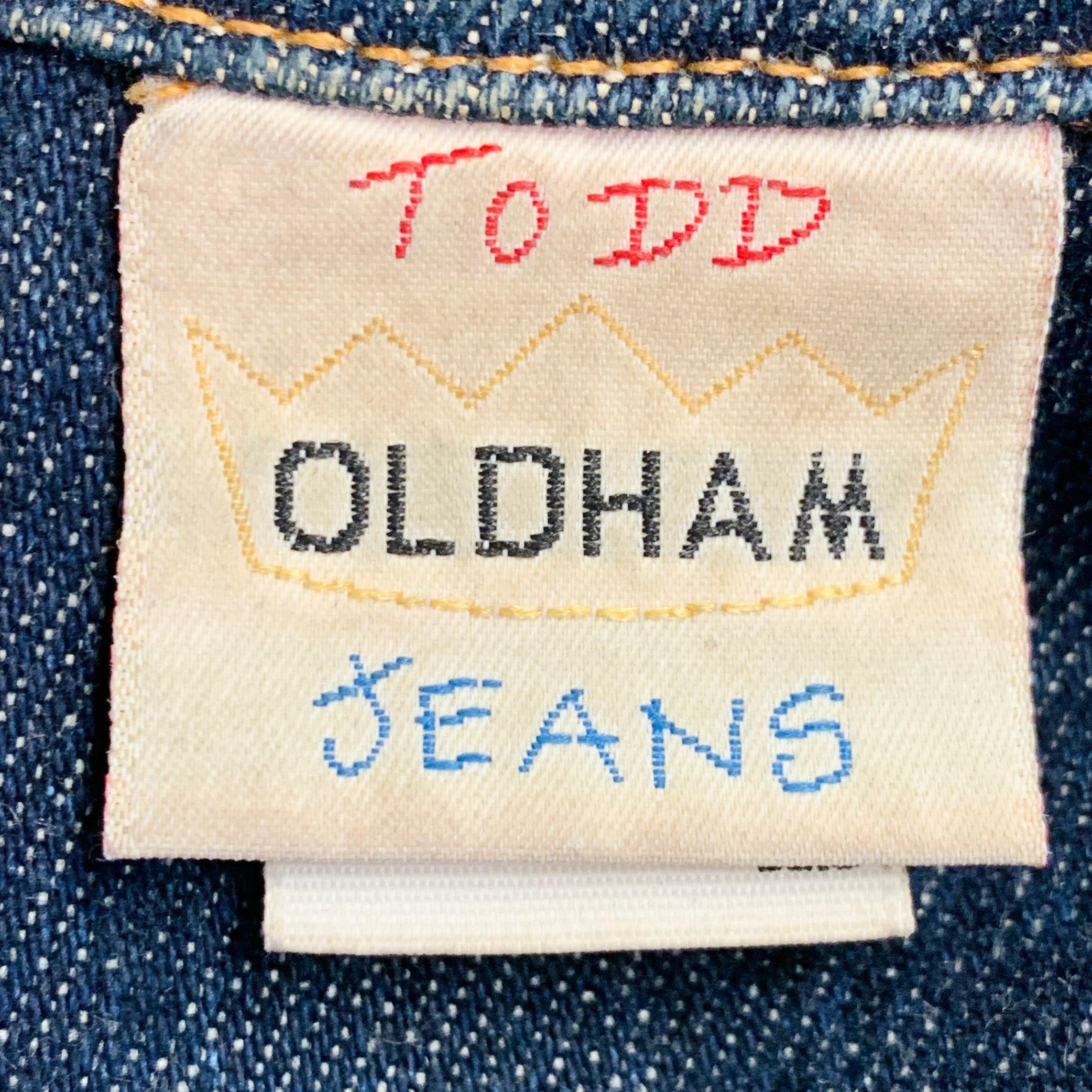 TODD OLDHAM JEANS Vintage anni '90 Taglia L Indigo Cotone Denim Stitch a contrasto Cappotto doppio petto in vendita 2