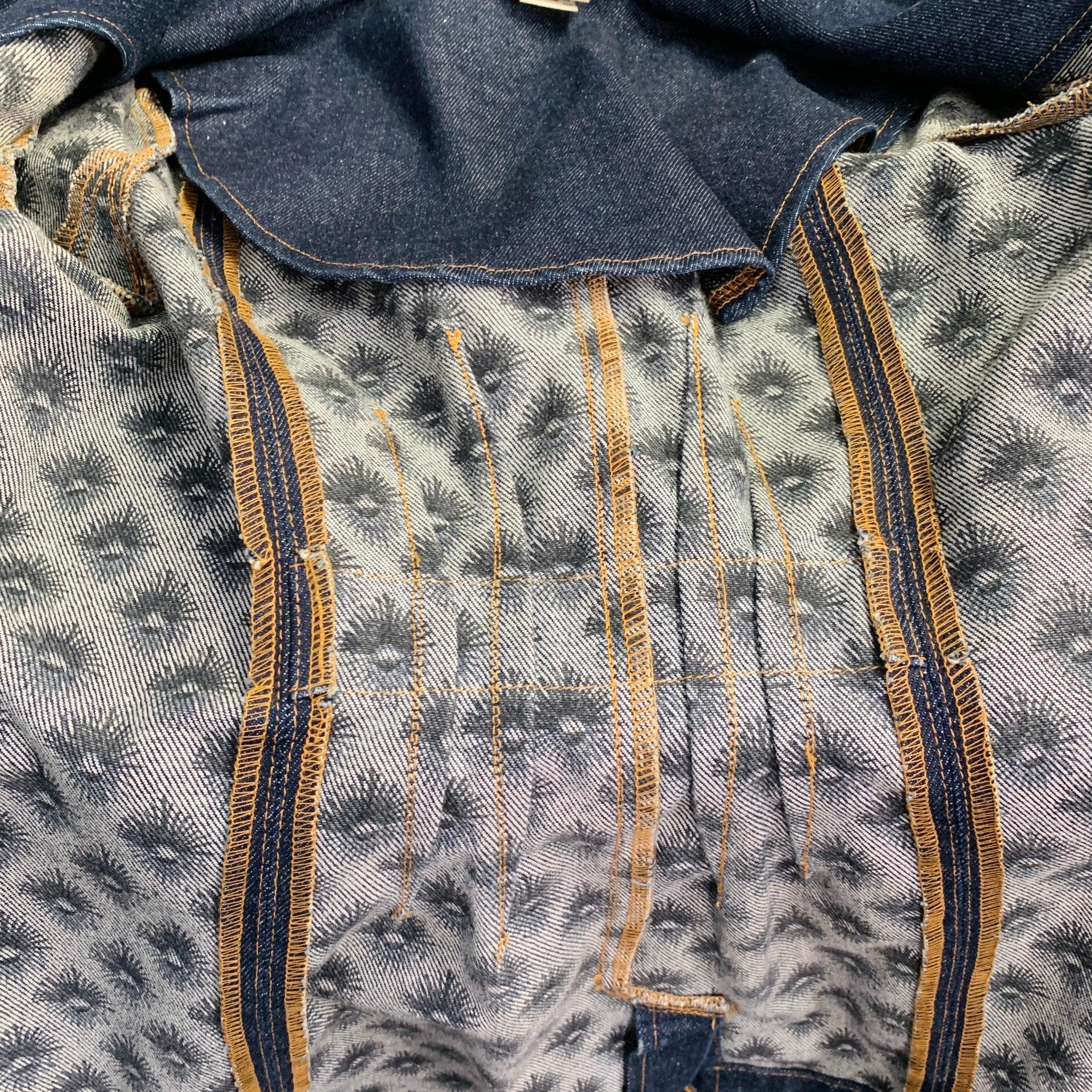 TODD OLDHAM JEANS Vintage anni '90 Taglia L Indigo Cotone Denim Stitch a contrasto Cappotto doppio petto in vendita 4