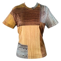 TODD OLDHAM Vintage 1980s Size M Brown Blue Polyester Blend Patchwork Wood Grain T-Shirt