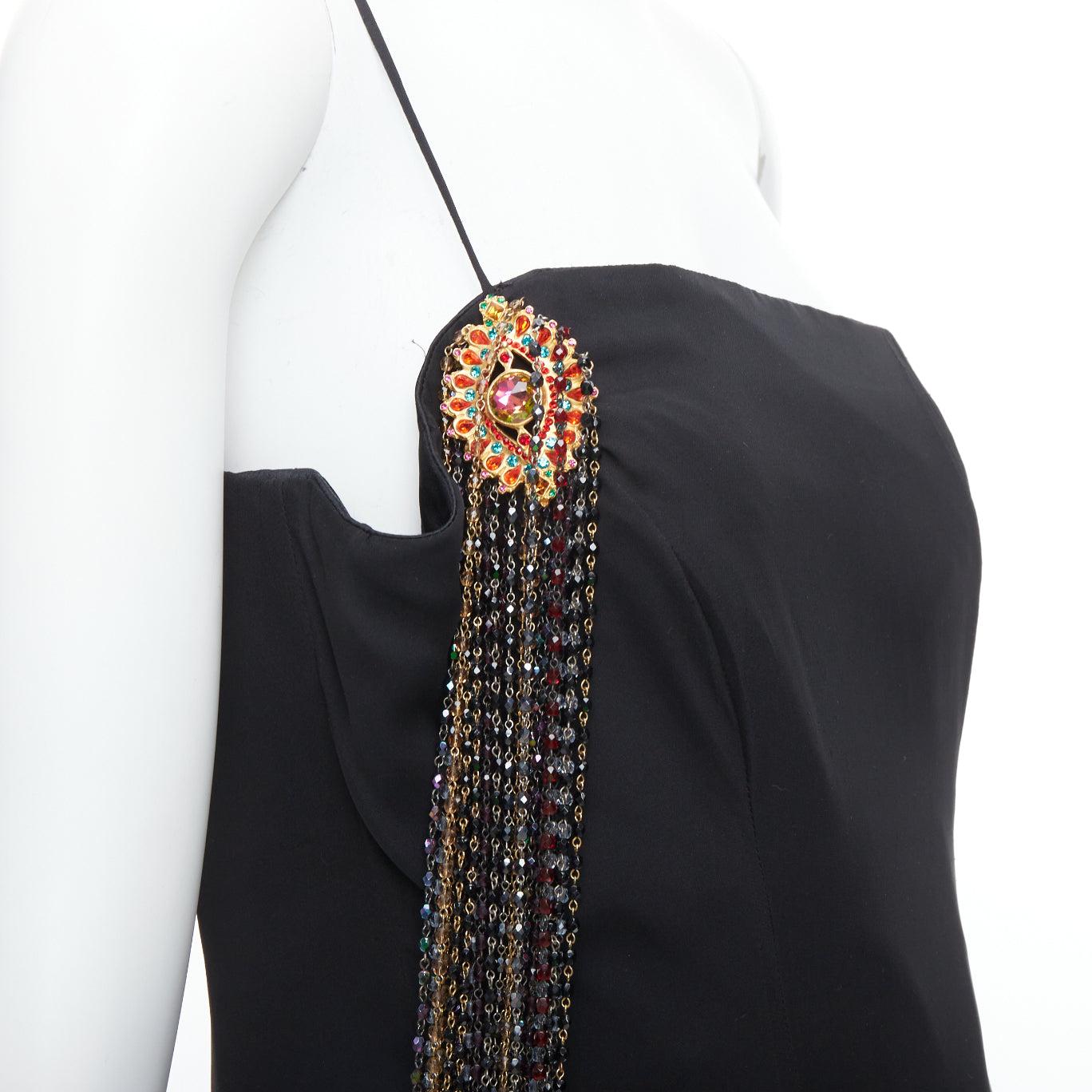 Black TODD OLDHAM Vintage black gold eye brooch crystal fringe single strap dress S