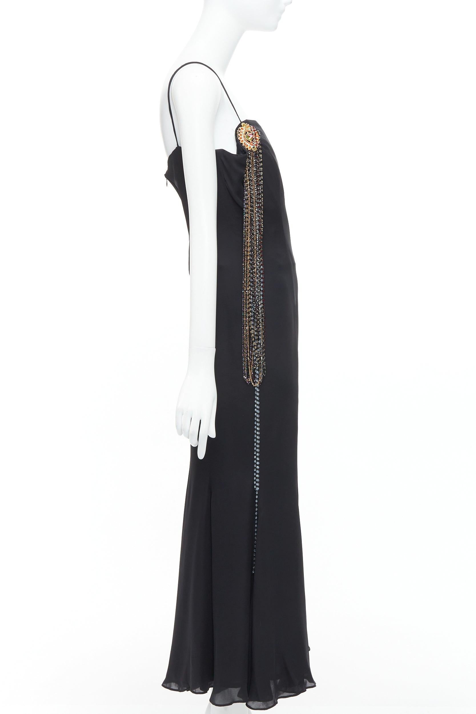 TODD OLDHAM Vintage black gold eye brooch crystal fringe single strap dress S In Fair Condition In Hong Kong, NT